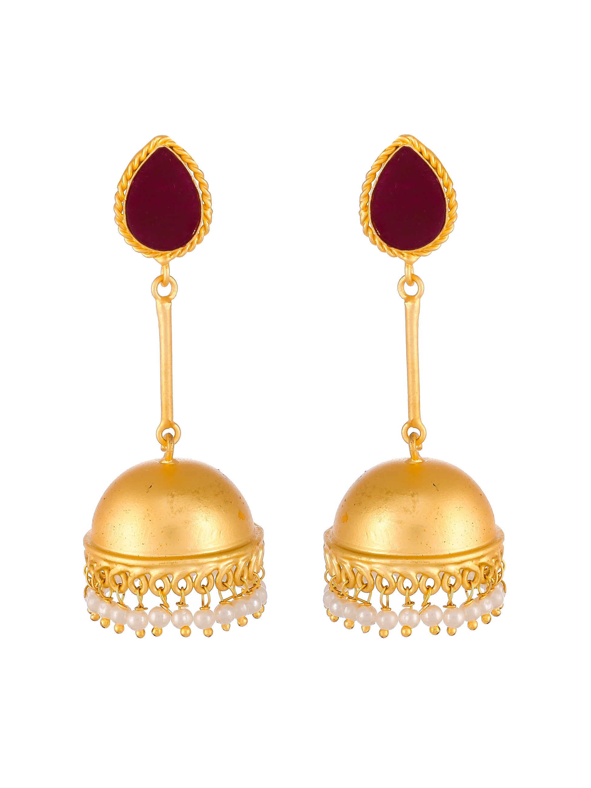 Gold Plated Red Stone Dangle Pearl Jhumka Earrings