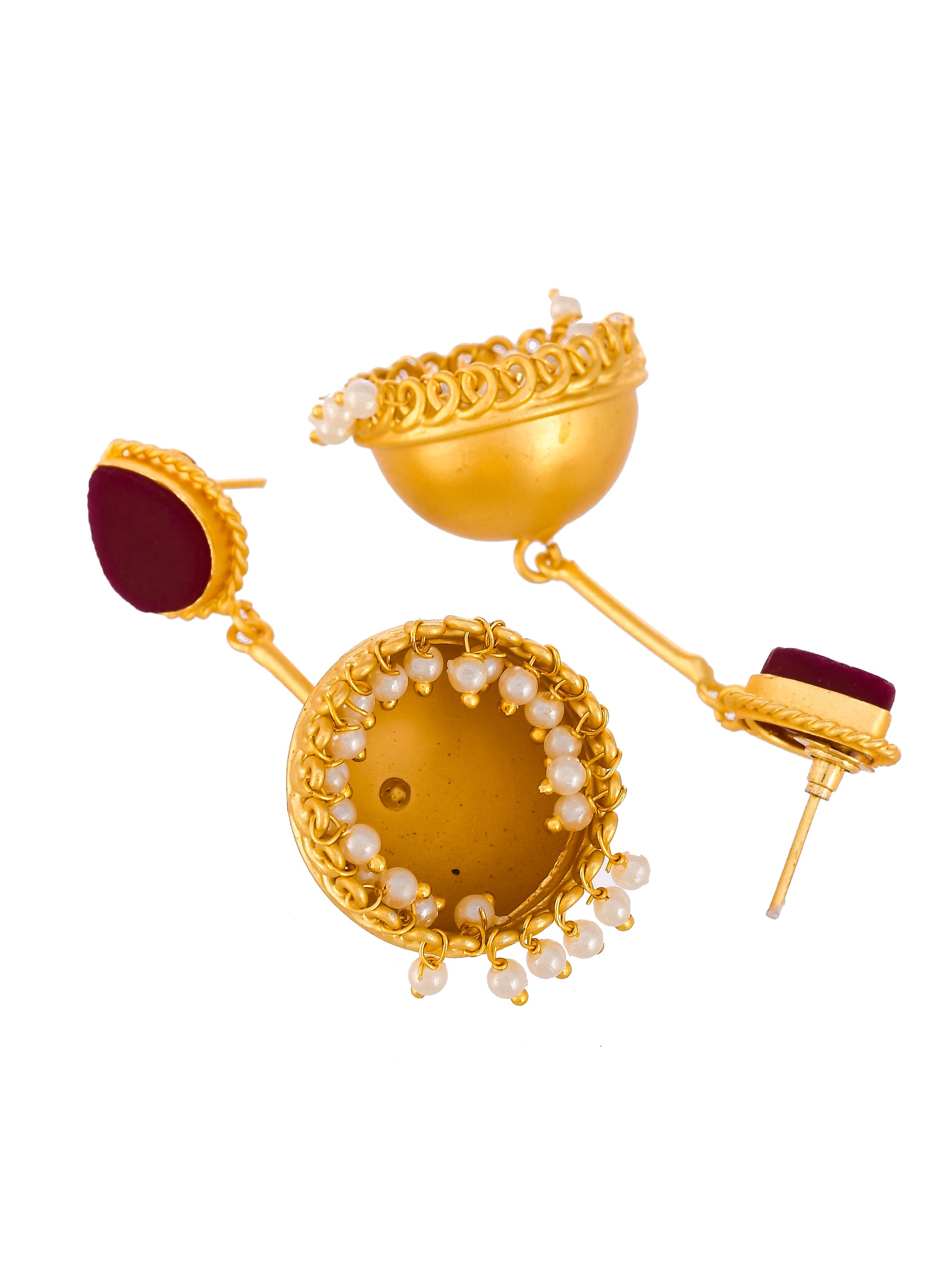 Gold Plated Red Stone Dangle Pearl Jhumka Earrings