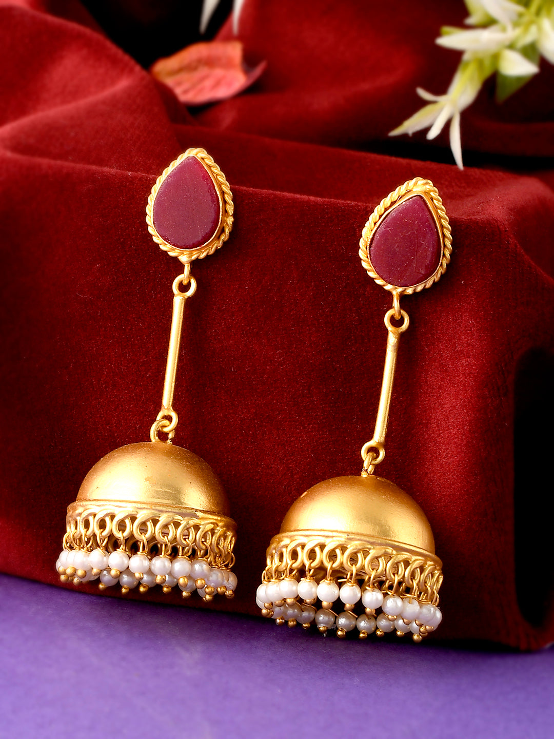 Gold Plated Red Stone Dangle Pearl Jhumka Earrings