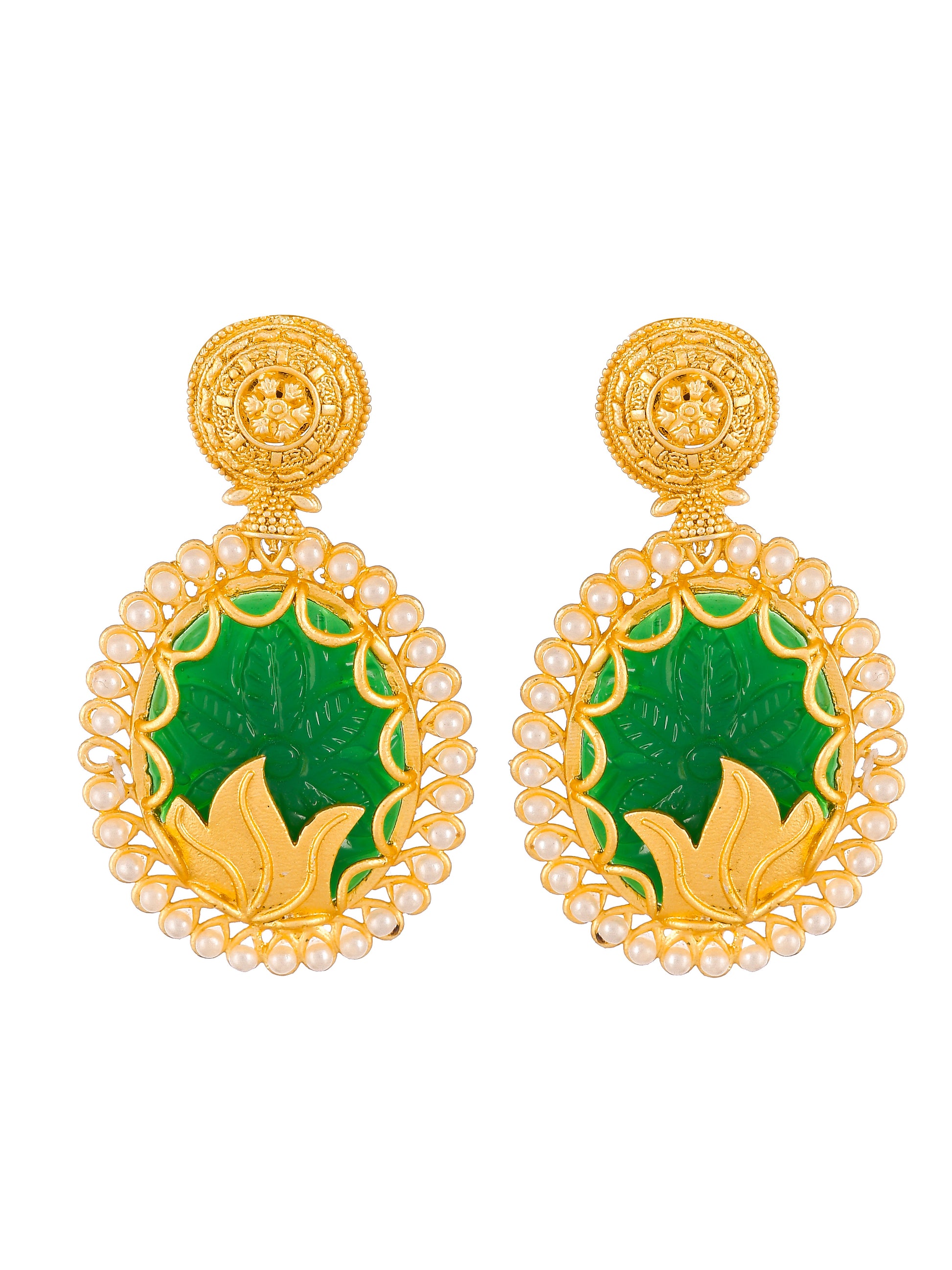 Gold Plated Green Stone Studded Drop Earrings