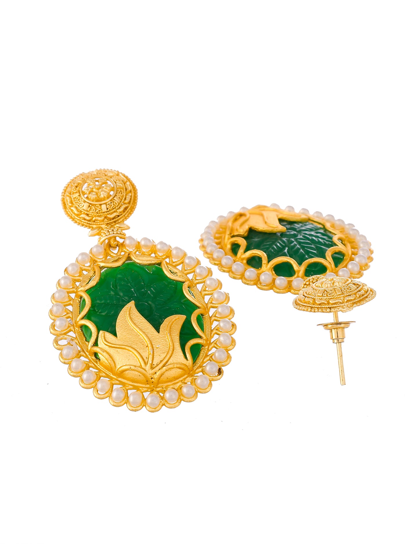 Gold Plated Green Stone Studded Drop Earrings