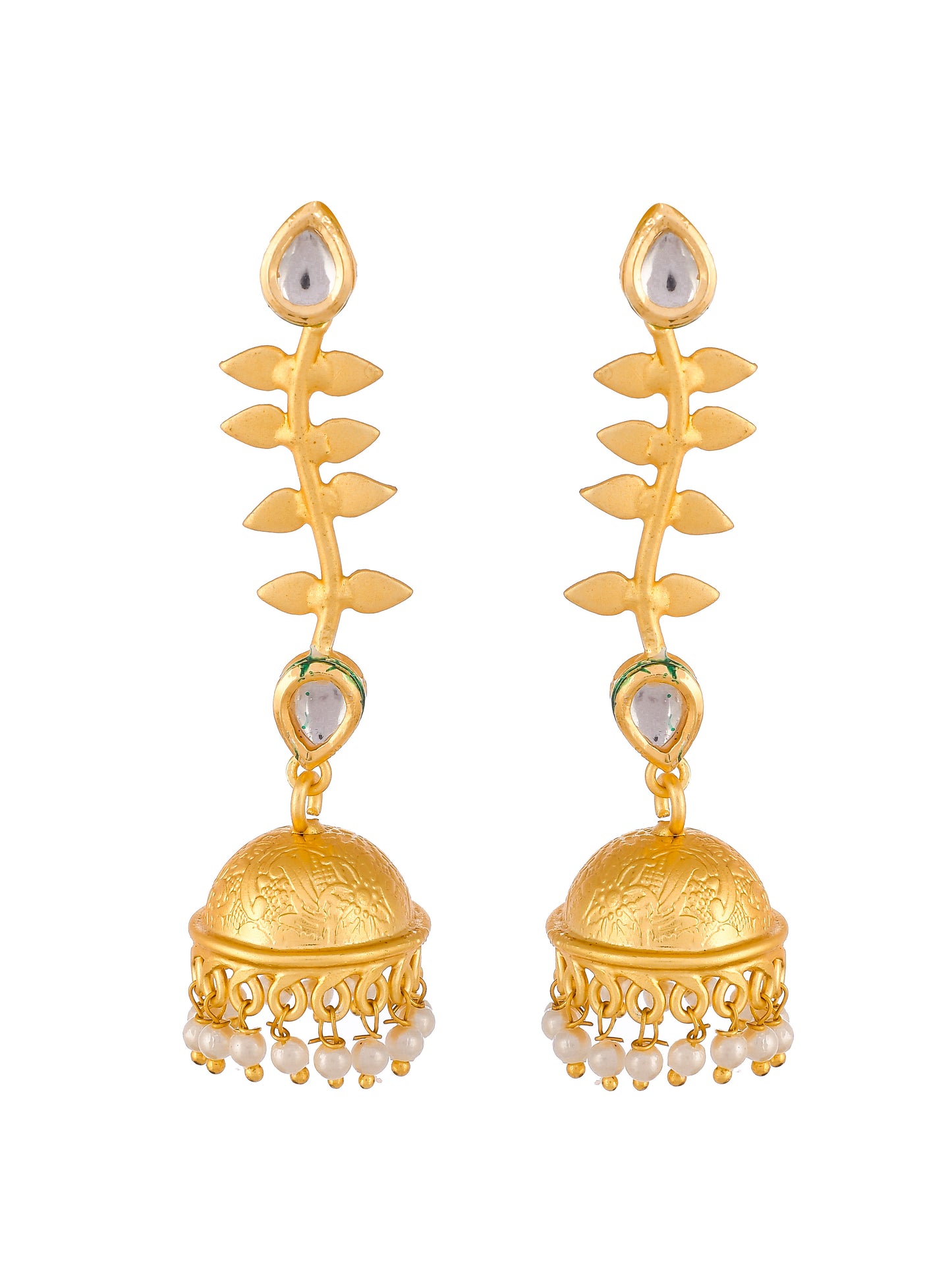 Gold Plated Kundan Studded Leaf Design Jhumka Earrings