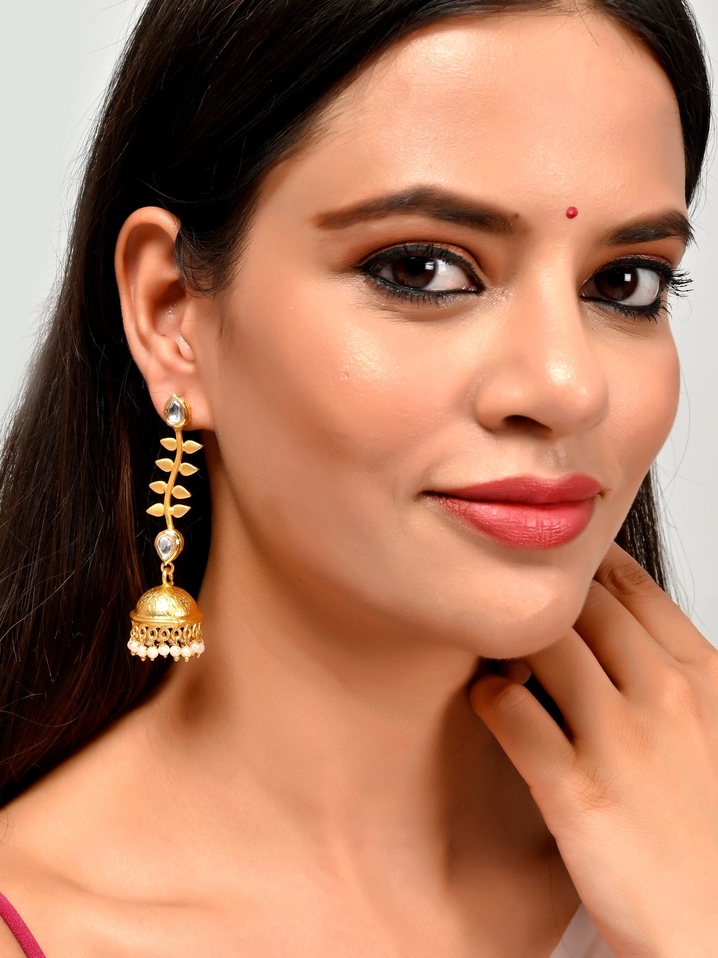 Gold Plated Kundan Studded Leaf Design Jhumka Earrings