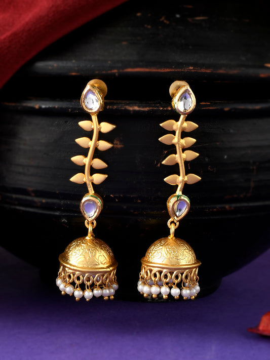 Gold Plated Kundan Studded Leaf Design Jhumka Earrings