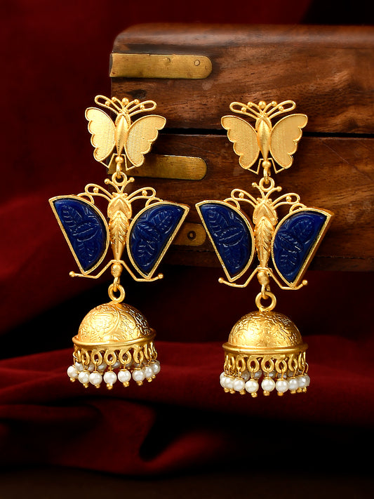 Gold Plated Blue Stone Stub Butterfly Design Drop Earrings