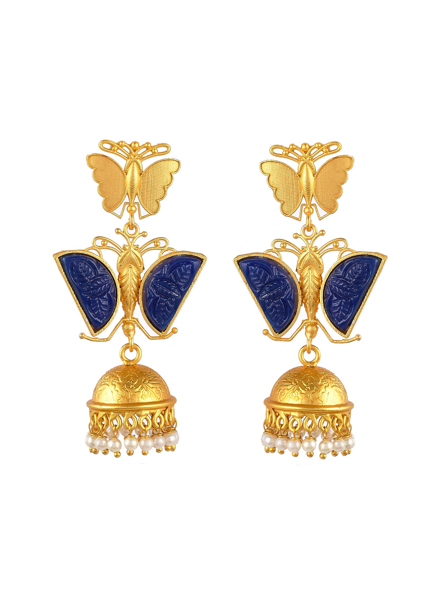 Gold Plated Blue Stone Stub Butterfly Design Drop Earrings