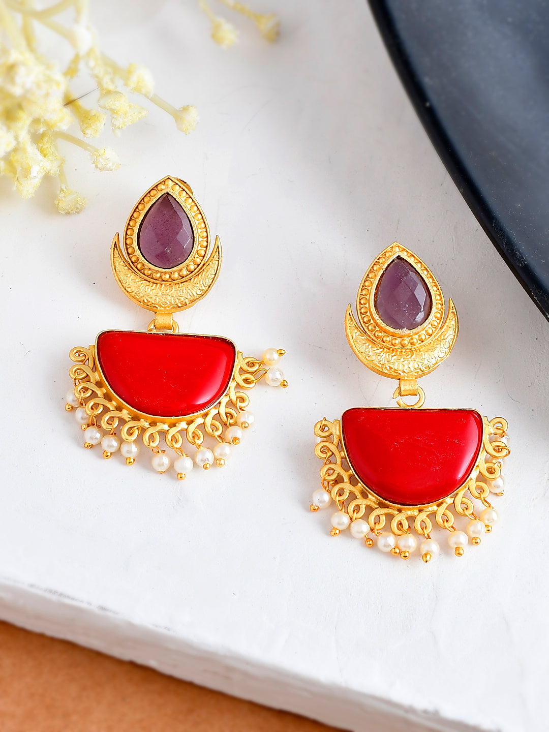 Red Stone Traditional Chandbali Earrings