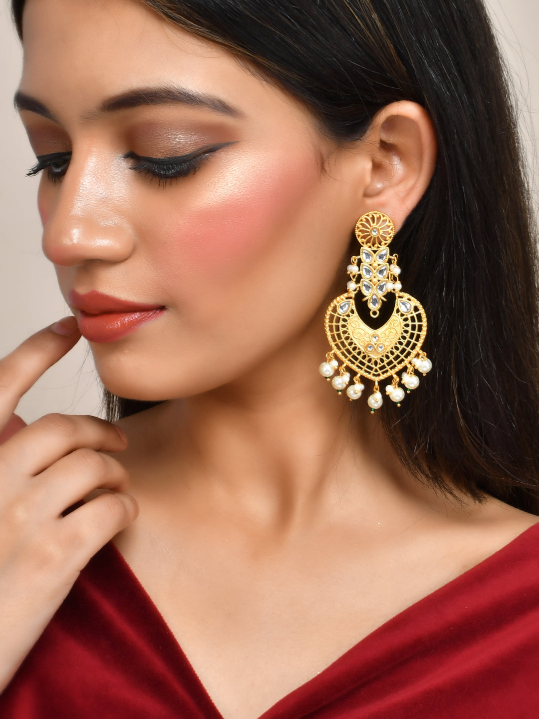 Gold Plated Kundan Chandbali Pearl Heavy Earrings