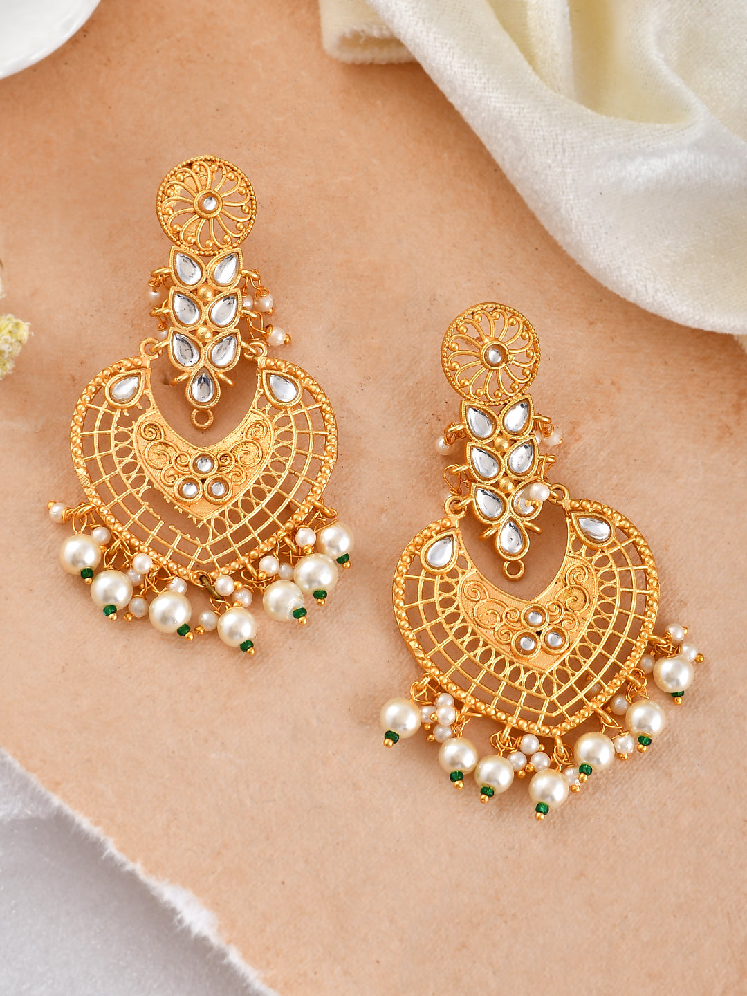 Gold Plated Kundan Chandbali Pearl Heavy Earrings