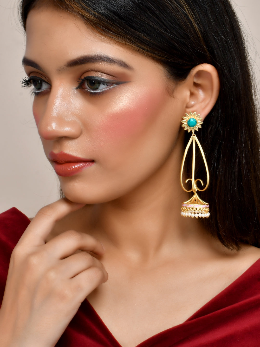 Gold Plated Turquoise Long Jhumka Earrings