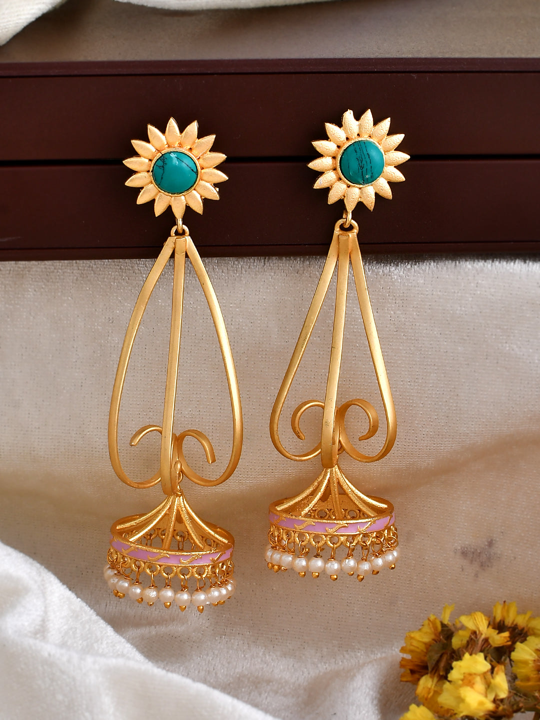 Gold Plated Turquoise Long Jhumka Earrings for Women Online