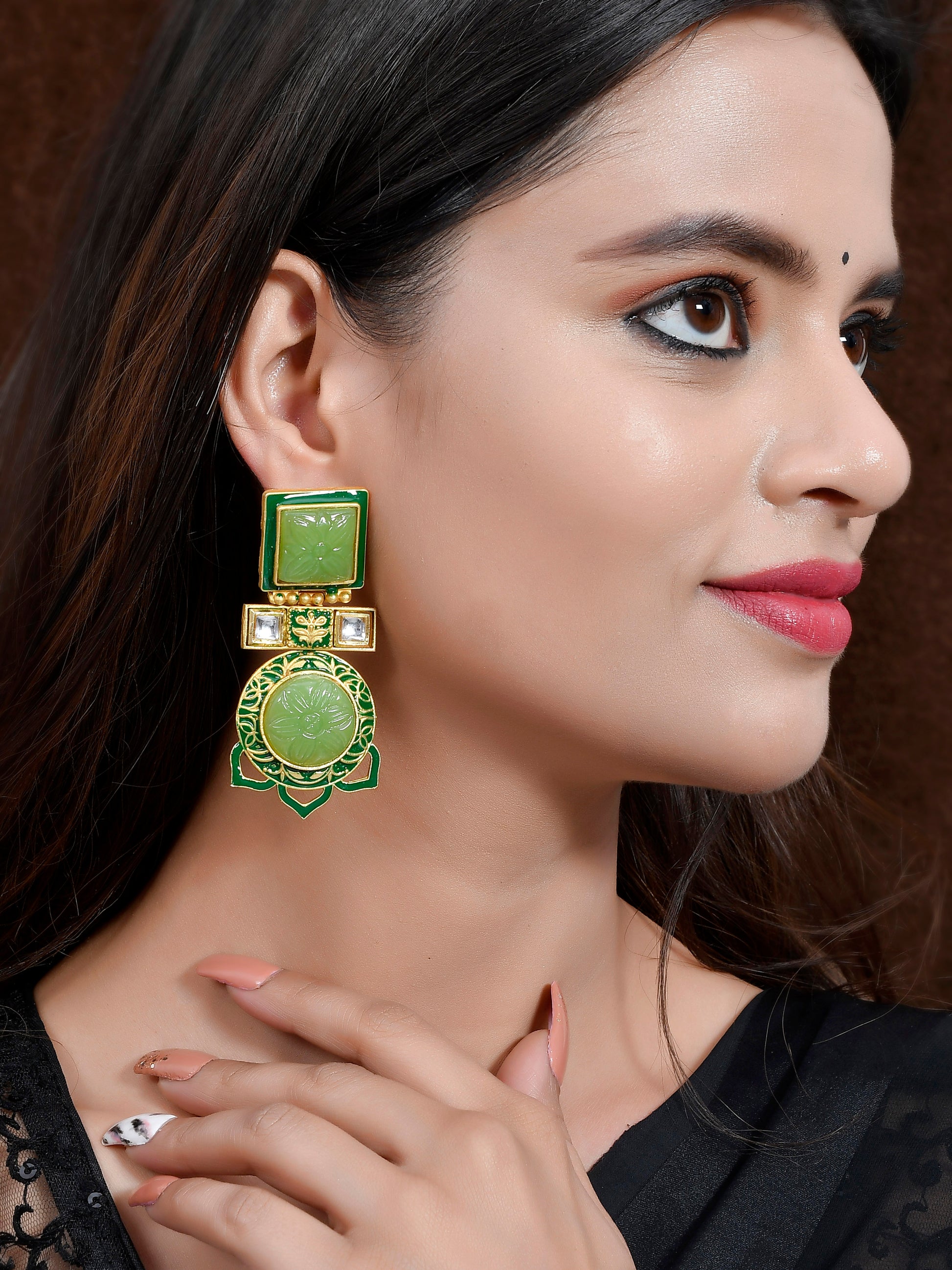 Gold Plated & Green Stone Studded Square Shape Drop Earrings