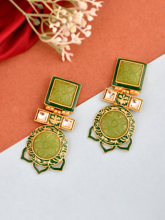 Gold Plated & Green Stone Square Shape Drop Earrings for Western Outfit Online