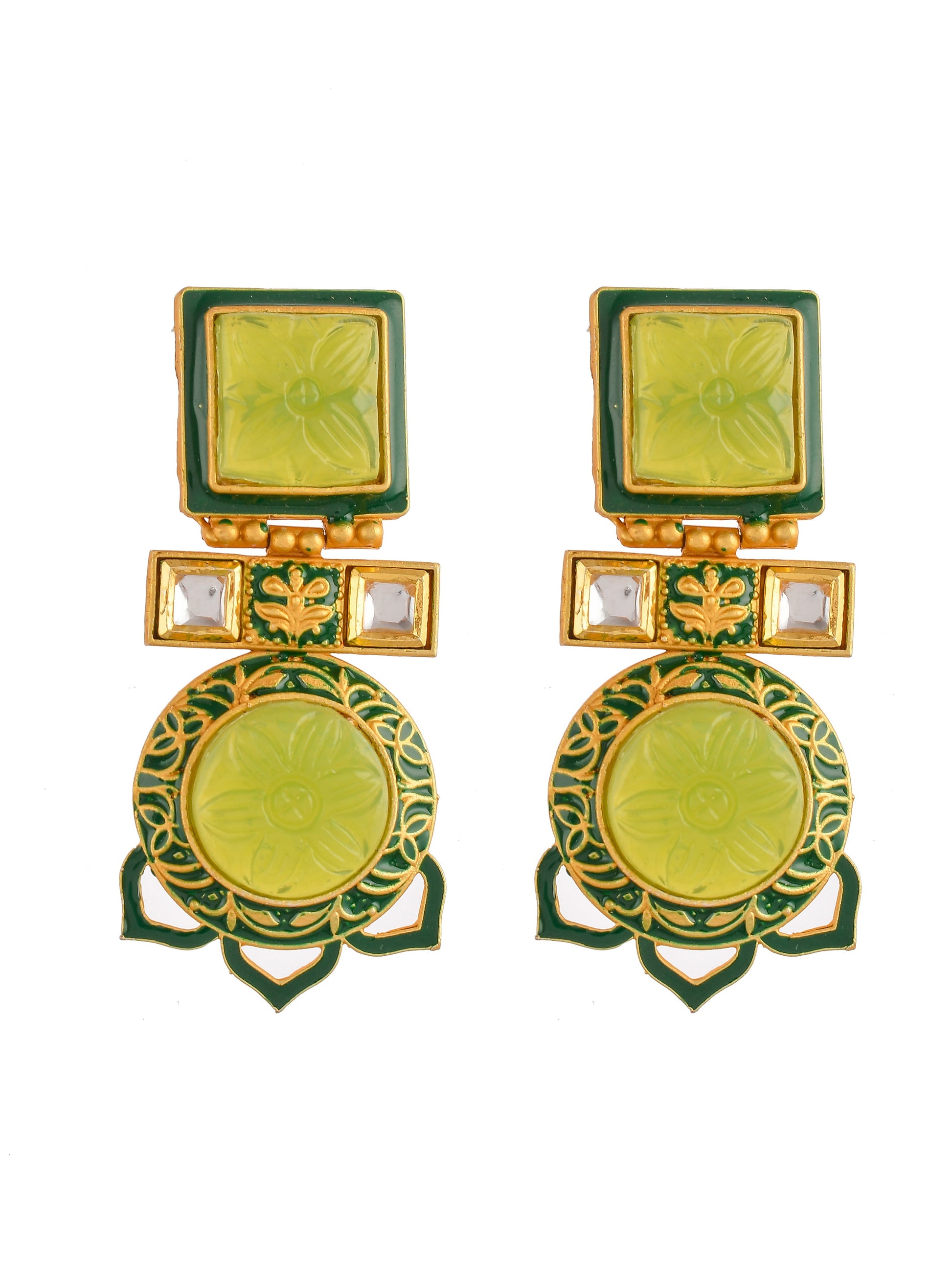 Gold Plated & Green Stone Studded Square Shape Drop Earrings