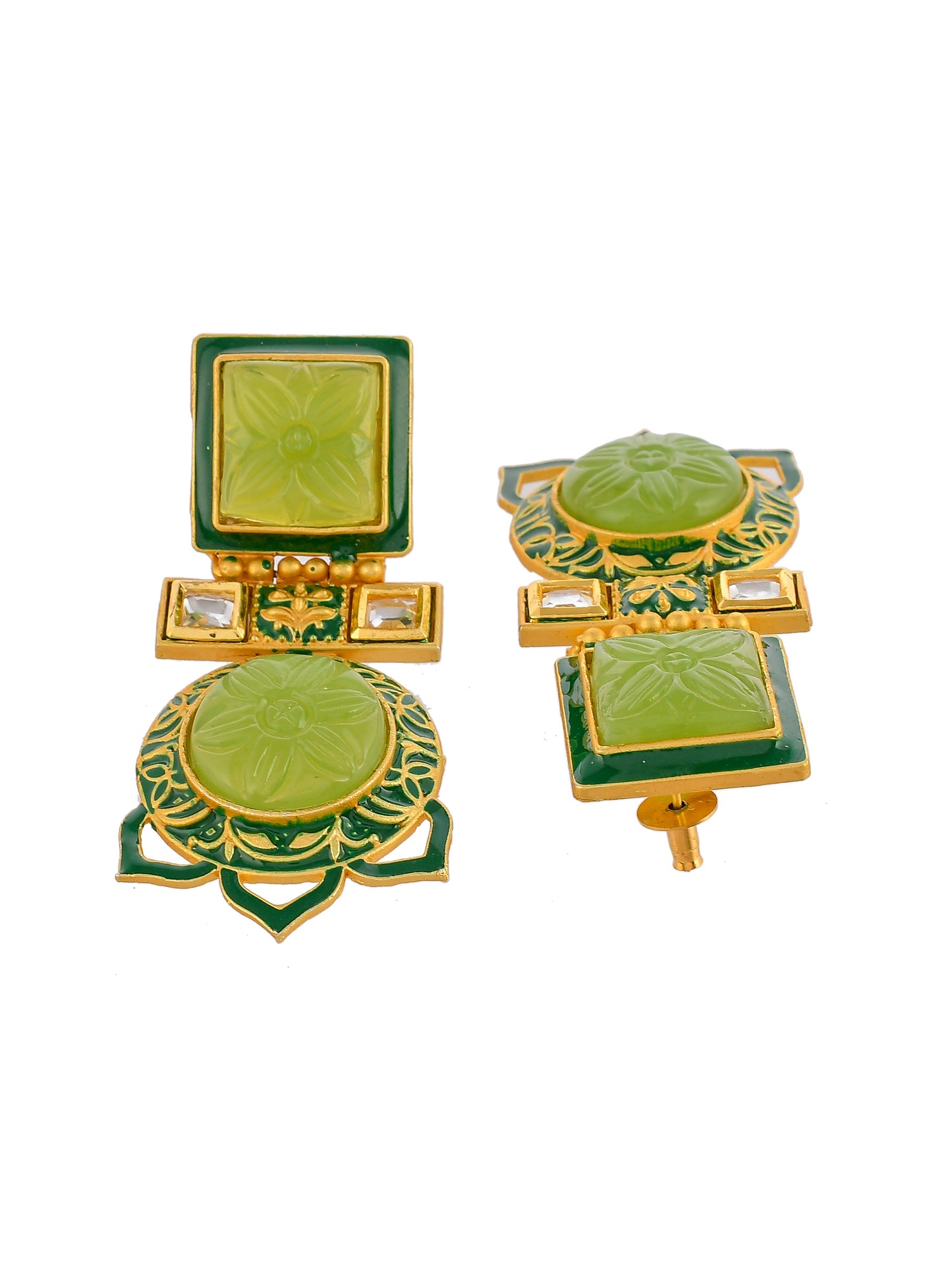 Gold Plated & Green Stone Studded Square Shape Drop Earrings