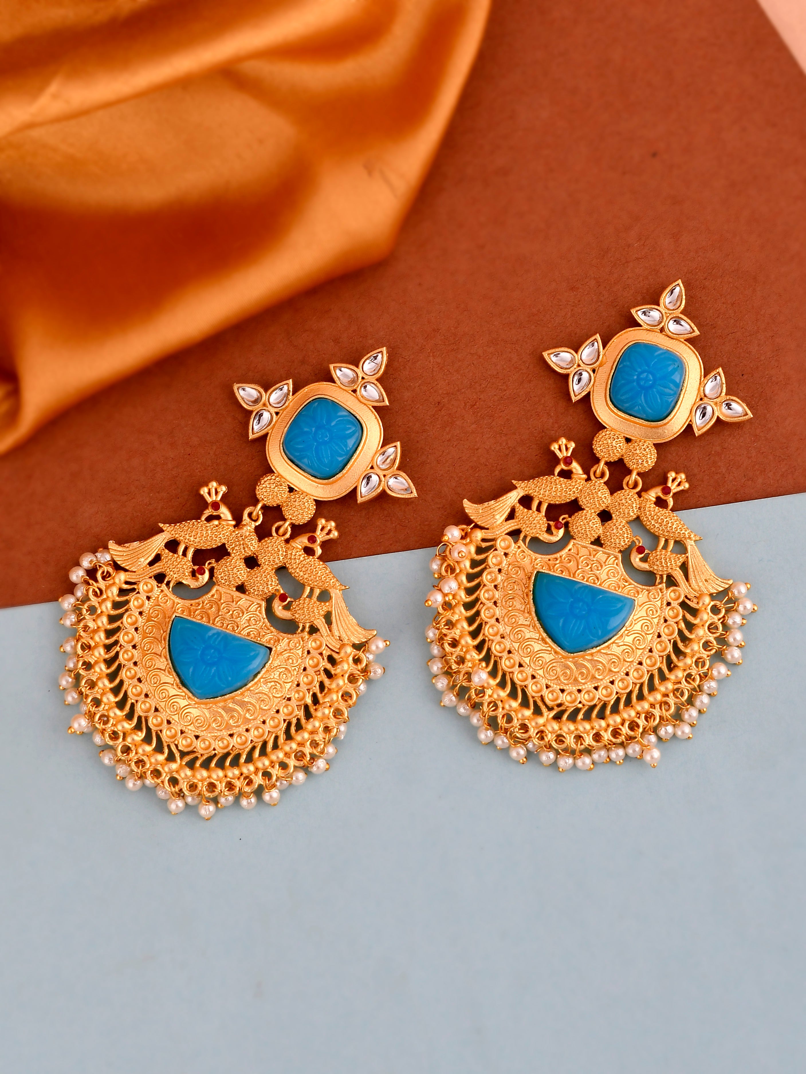 Buy Gold Plated Blue Stone Studded Handcrafted Drop Earrings for