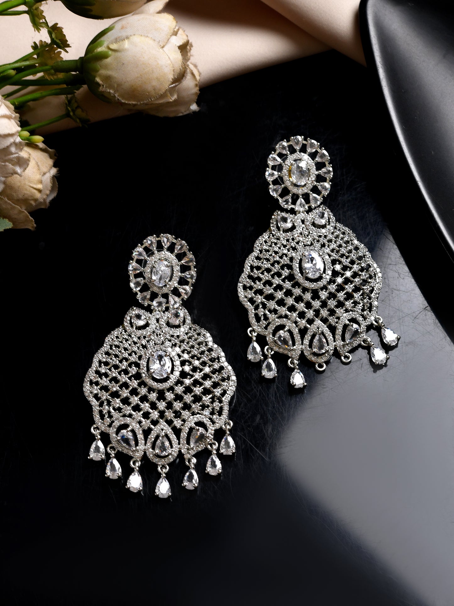 CZ Stone Floral Drop Earrings for Women | Party Wear Dangle Earrings