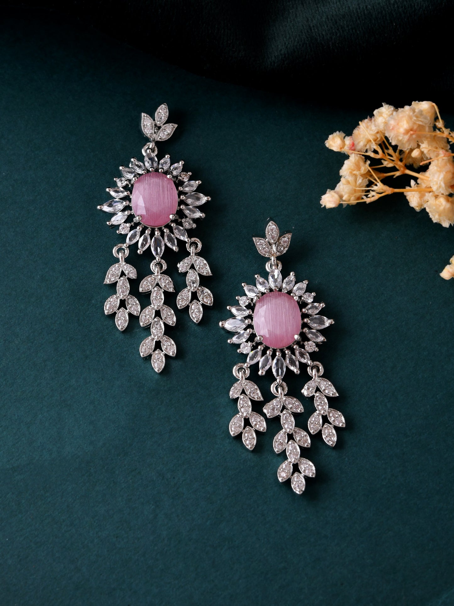 Silver Plated Chandbali Drop Earrings for Women | CZ Leaf Dangle Earrings