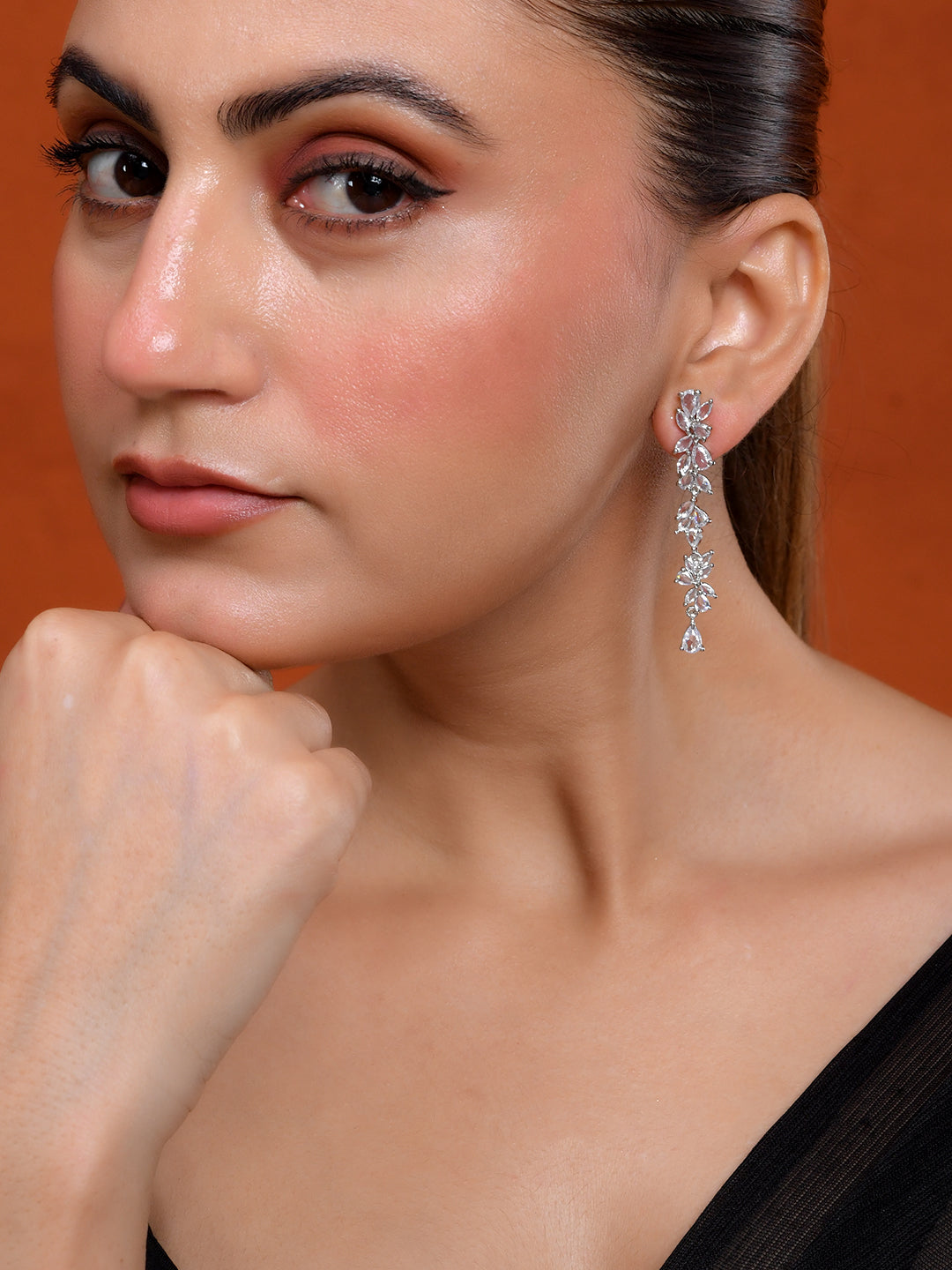 Silver-Toned Floral CZ Long Drop Earrings for Women | Party Wear Dangle Earrings | Statement Crystal Earrings