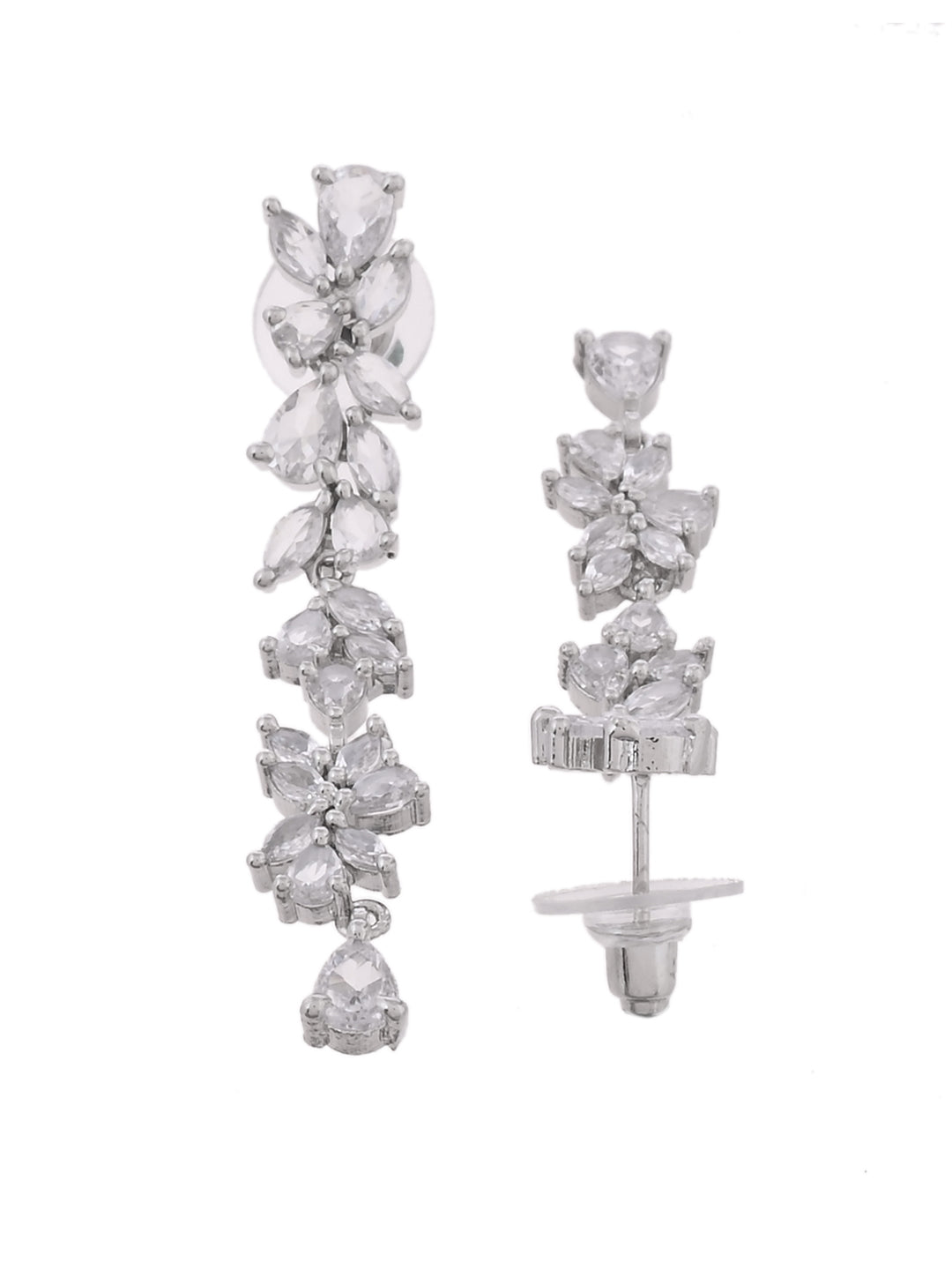 Silver-Toned Floral CZ Long Drop Earrings for Women | Party Wear Dangle Earrings | Statement Crystal Earrings