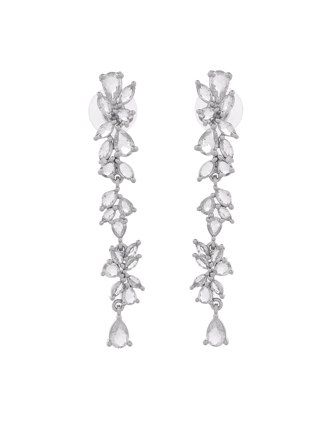 Silver-Toned Floral CZ Long Drop Earrings for Women | Party Wear Dangle Earrings | Statement Crystal Earrings