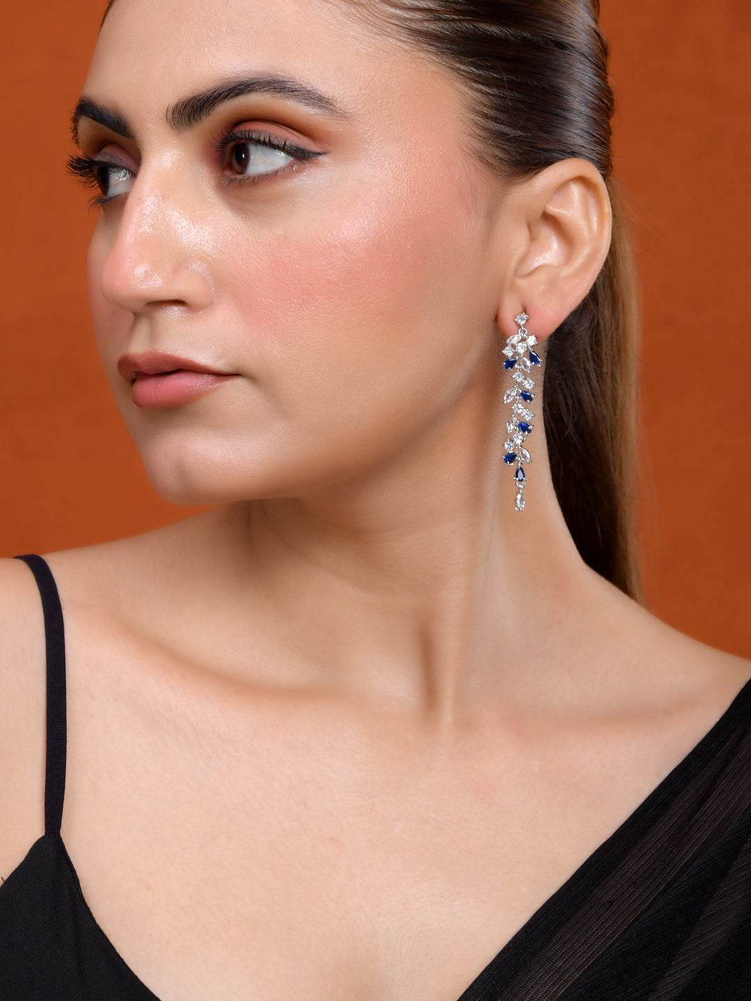 Floral CZ Long Drop Earrings for Women | Party Wear Dangle Earrings | Statement Crystal Earrings
