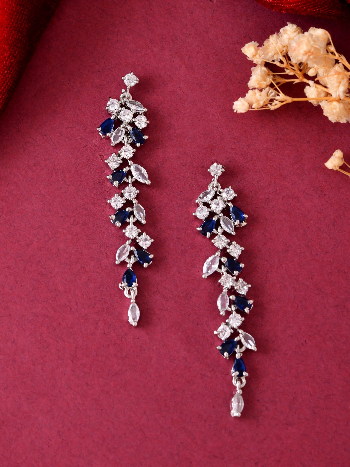 Floral CZ Long Drop Earrings for Women | Party Wear Dangle Earrings | Statement Crystal Earrings