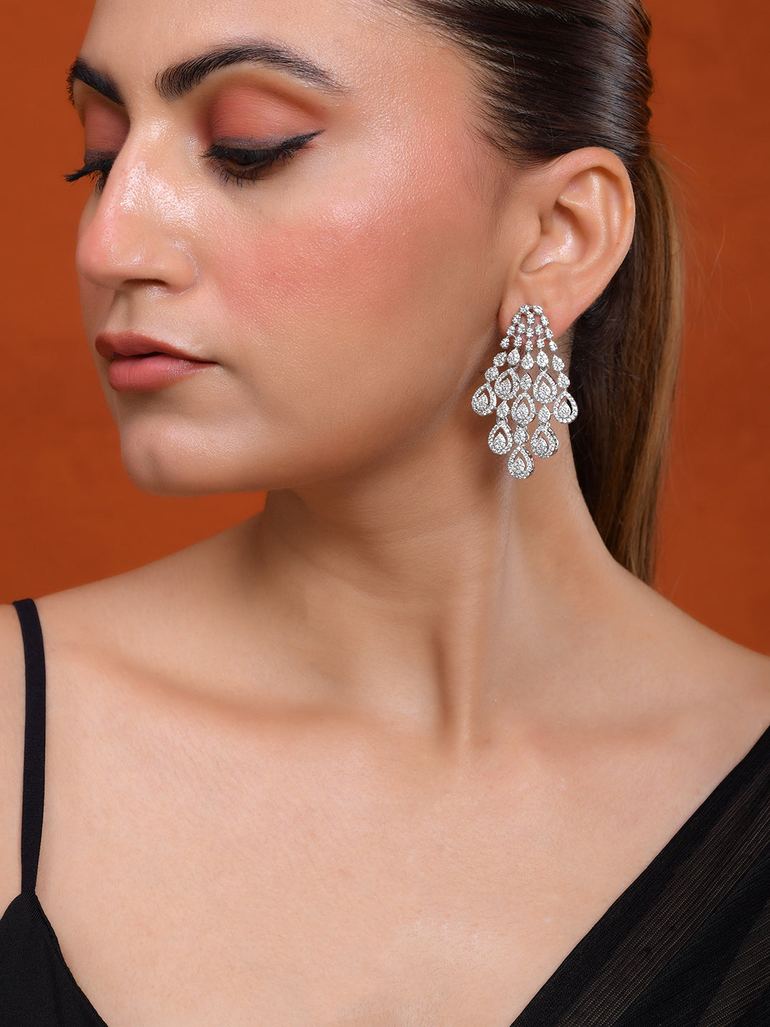 Silver-Toned CZ Chandelier Stud Earrings for Women | Party Wear Crystal Earrings
