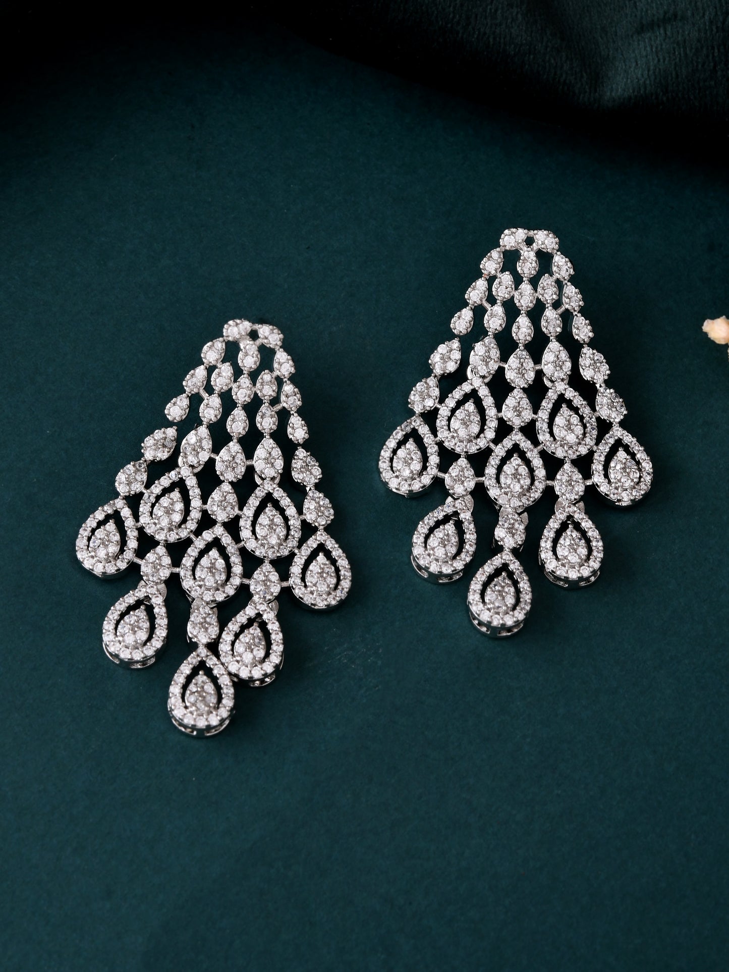 Silver-Toned CZ Chandelier Stud Earrings for Women | Party Wear Crystal Earrings