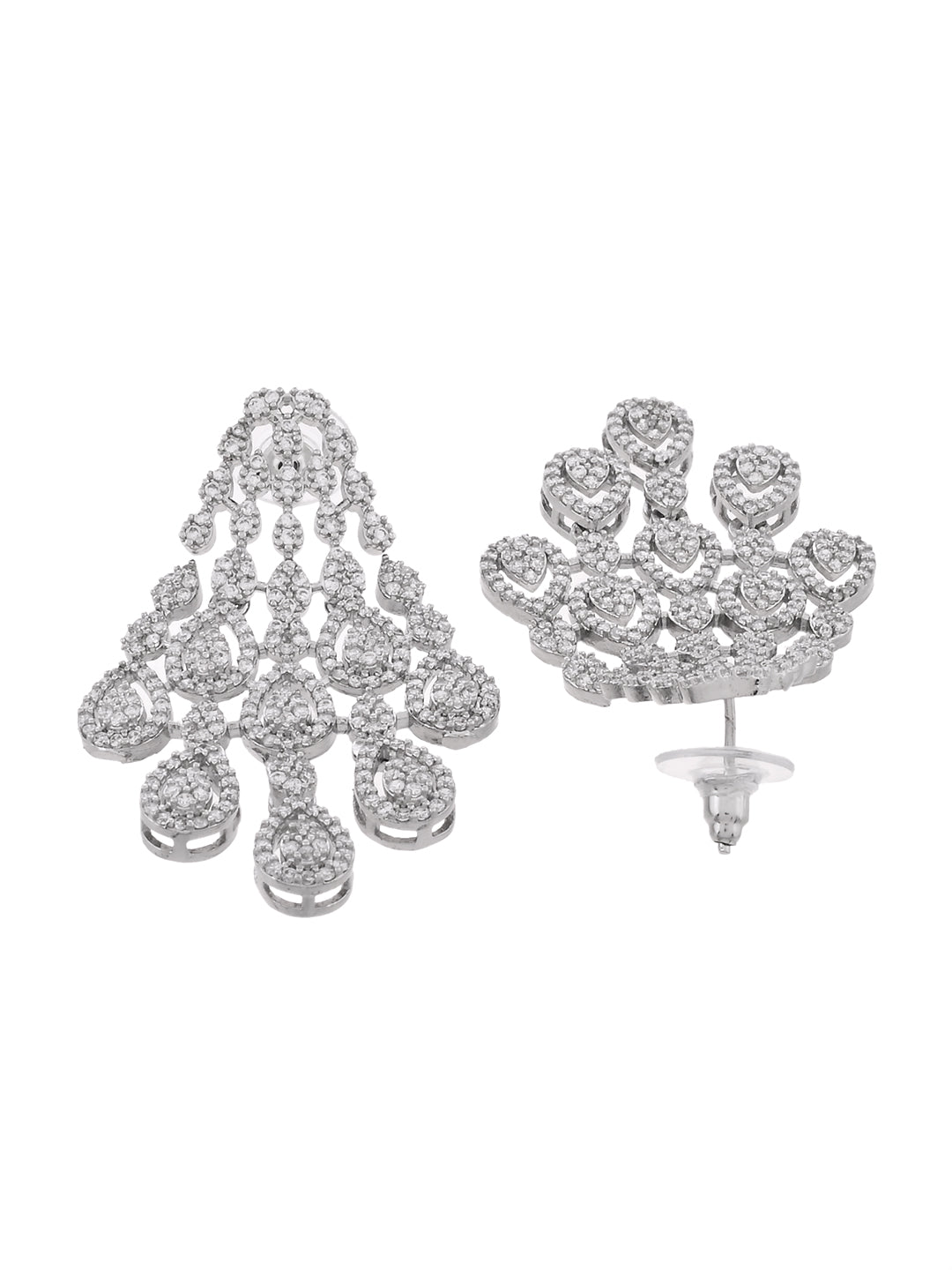 Silver-Toned CZ Chandelier Stud Earrings for Women | Party Wear Crystal Earrings