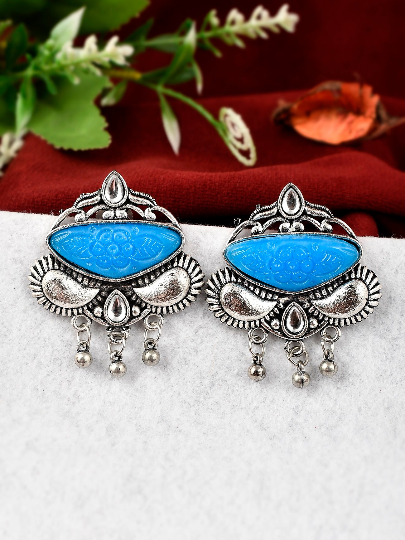 Silver Plated Blue Stone Studded Oxidised Stud Earrings for Women Online