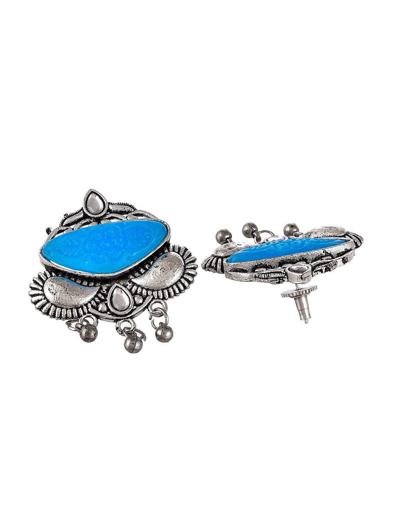 Silver Plated Blue Stone Studded Oxidised Stud Earrings