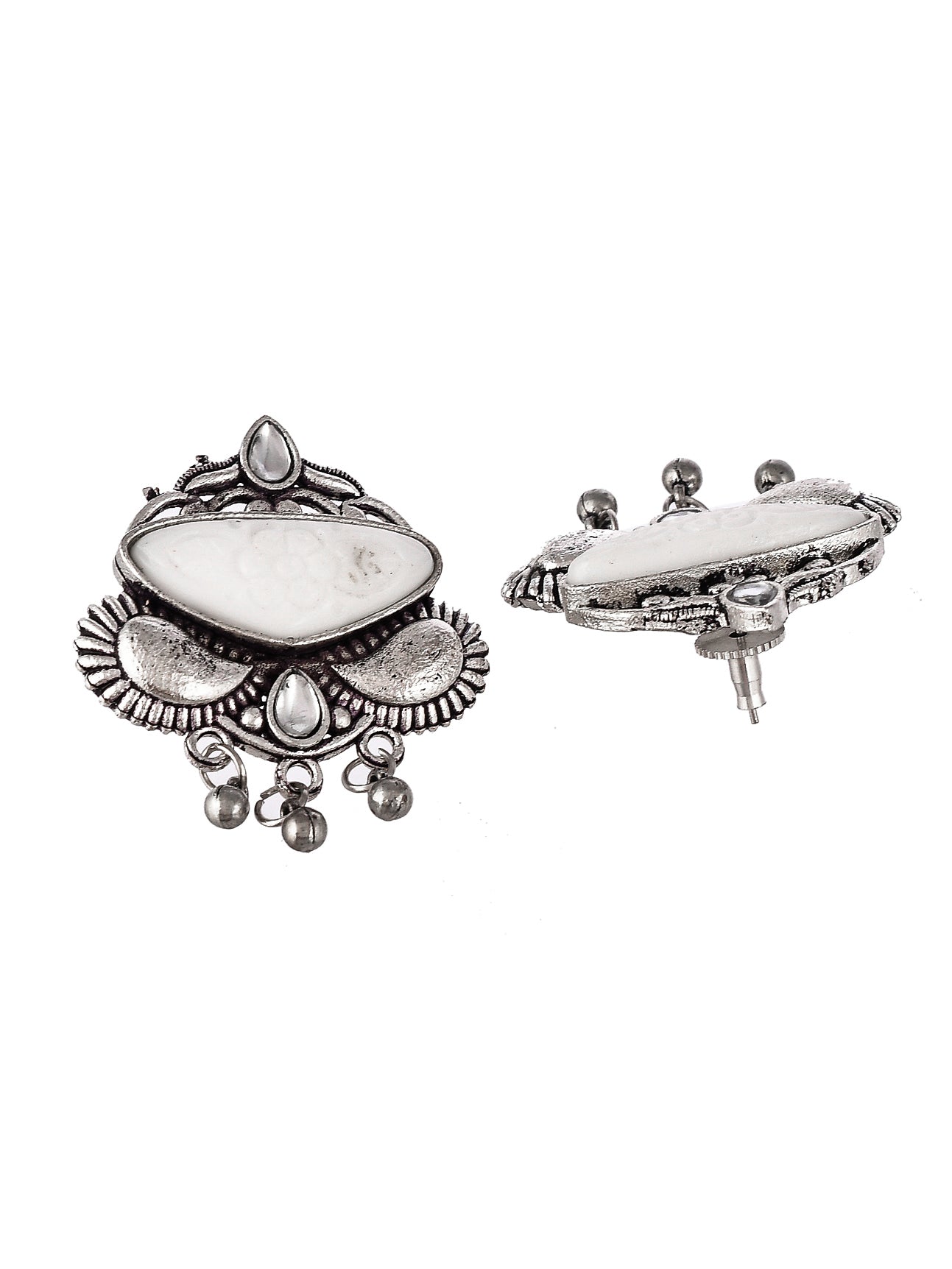 Silver Plated White Stone Studded Floral Oxidised Stud Earrings
