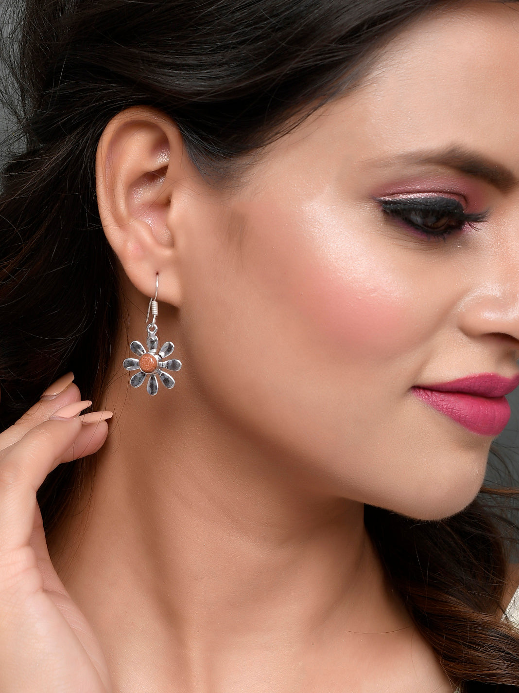 Silver Plated Orange Beaded Floral Drop earrings