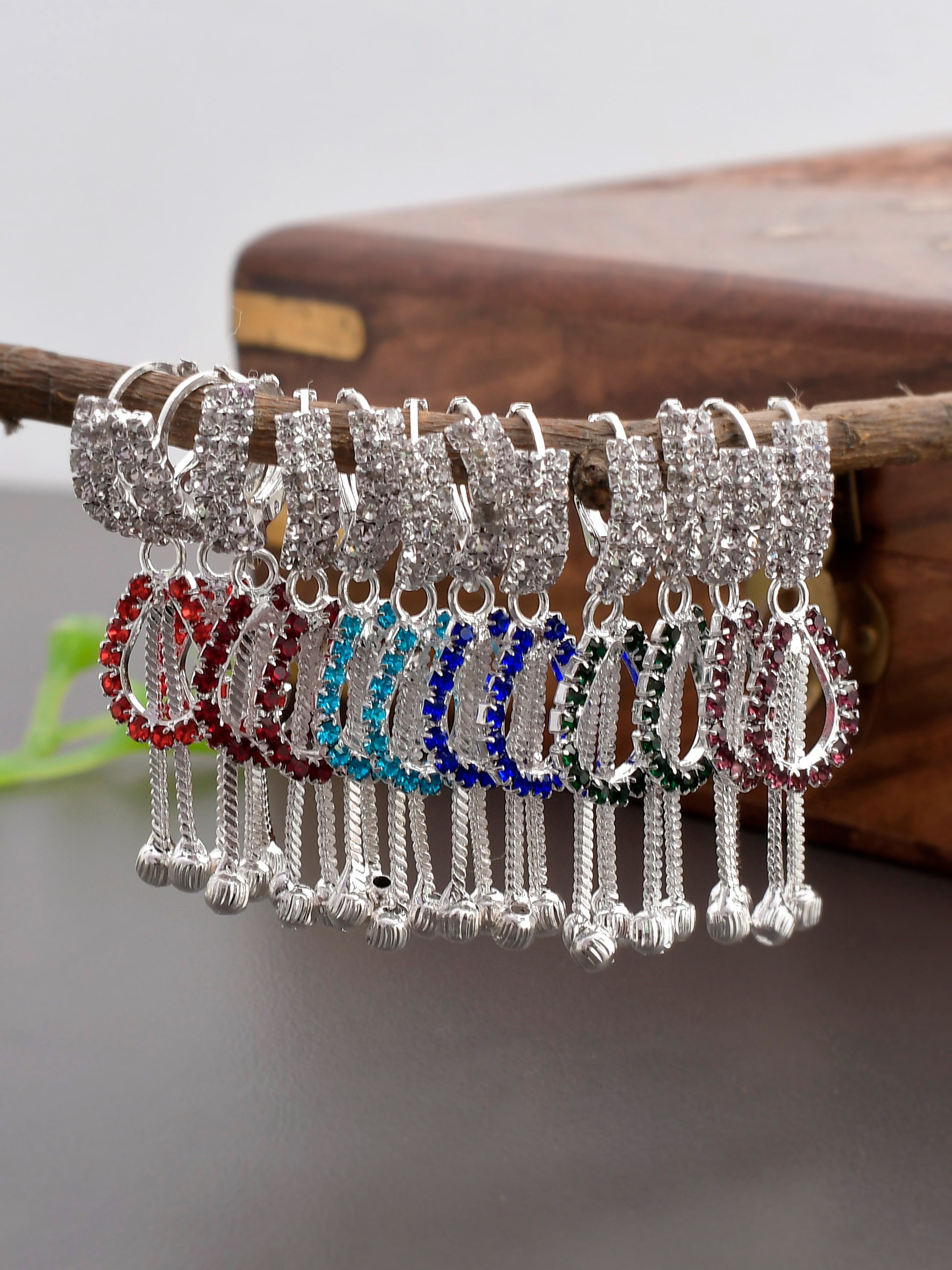 Silver Toned Multi Colored Beaded Tasseled Hoop Earrings for Women Online