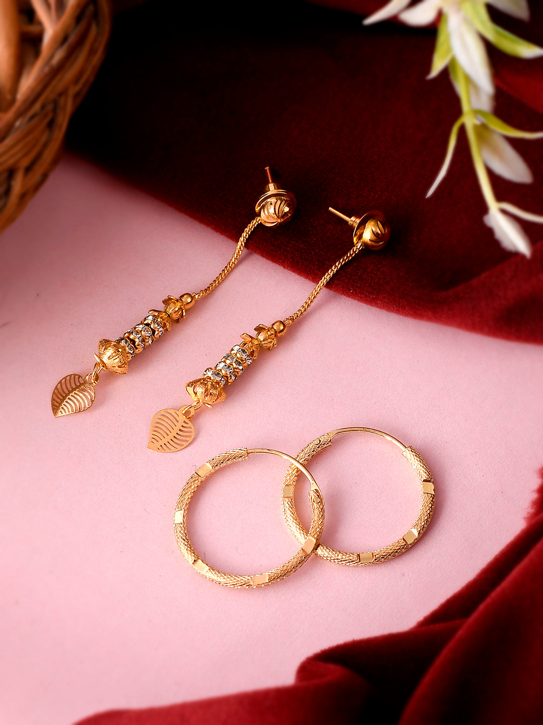 Set of 2 Gold Plated Contemporary Hoop and Dangler Sui Dhaga Earrings for Women Online