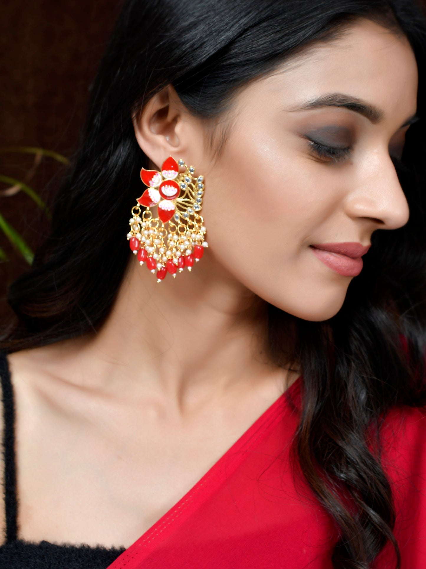 Gold Plated Red Toned Handcrafted Kundan Studded Floral Drop Earrings