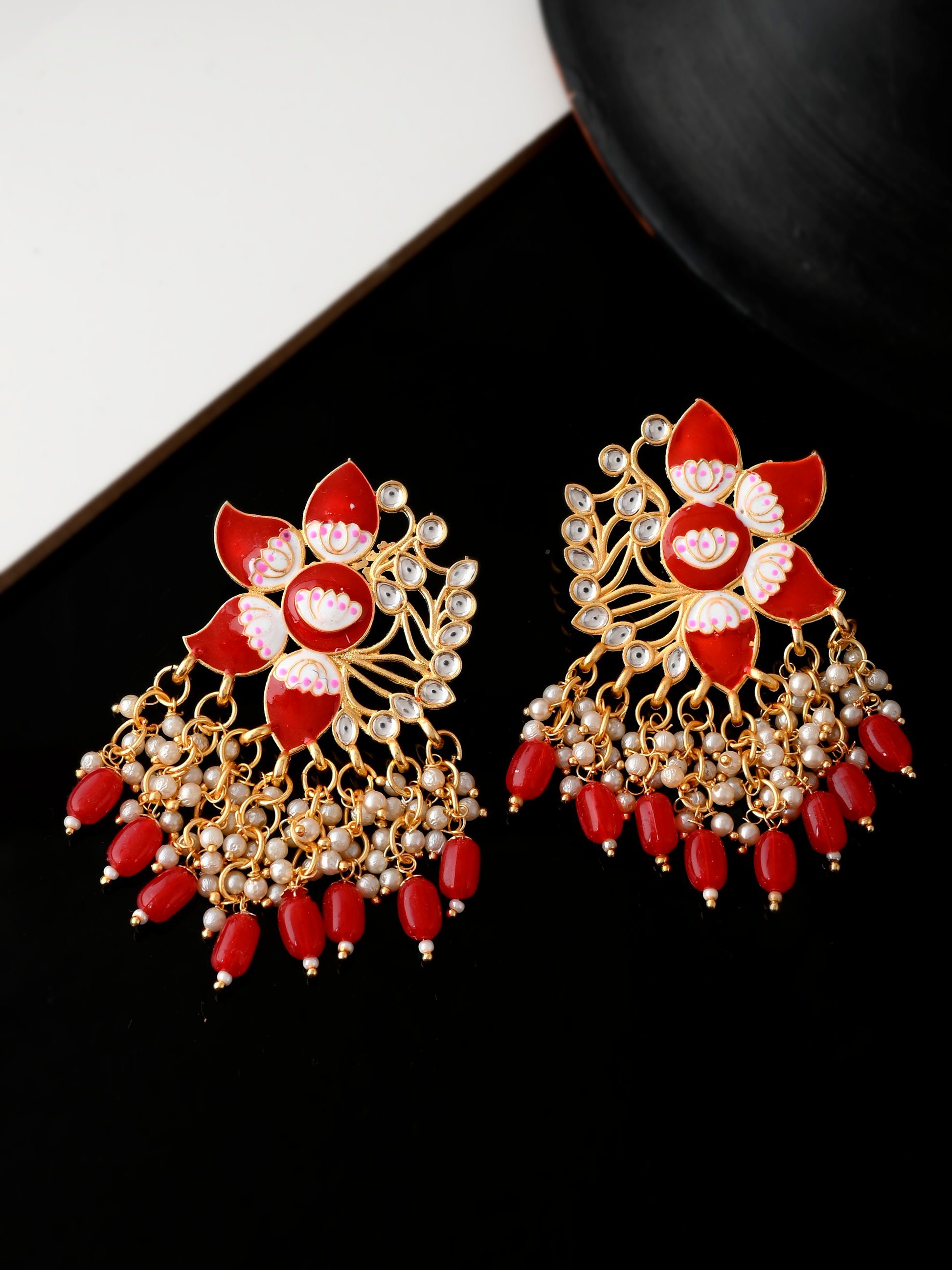 Gold Plated Red Toned Handcrafted Kundan Floral Drop Earrings for Women Online