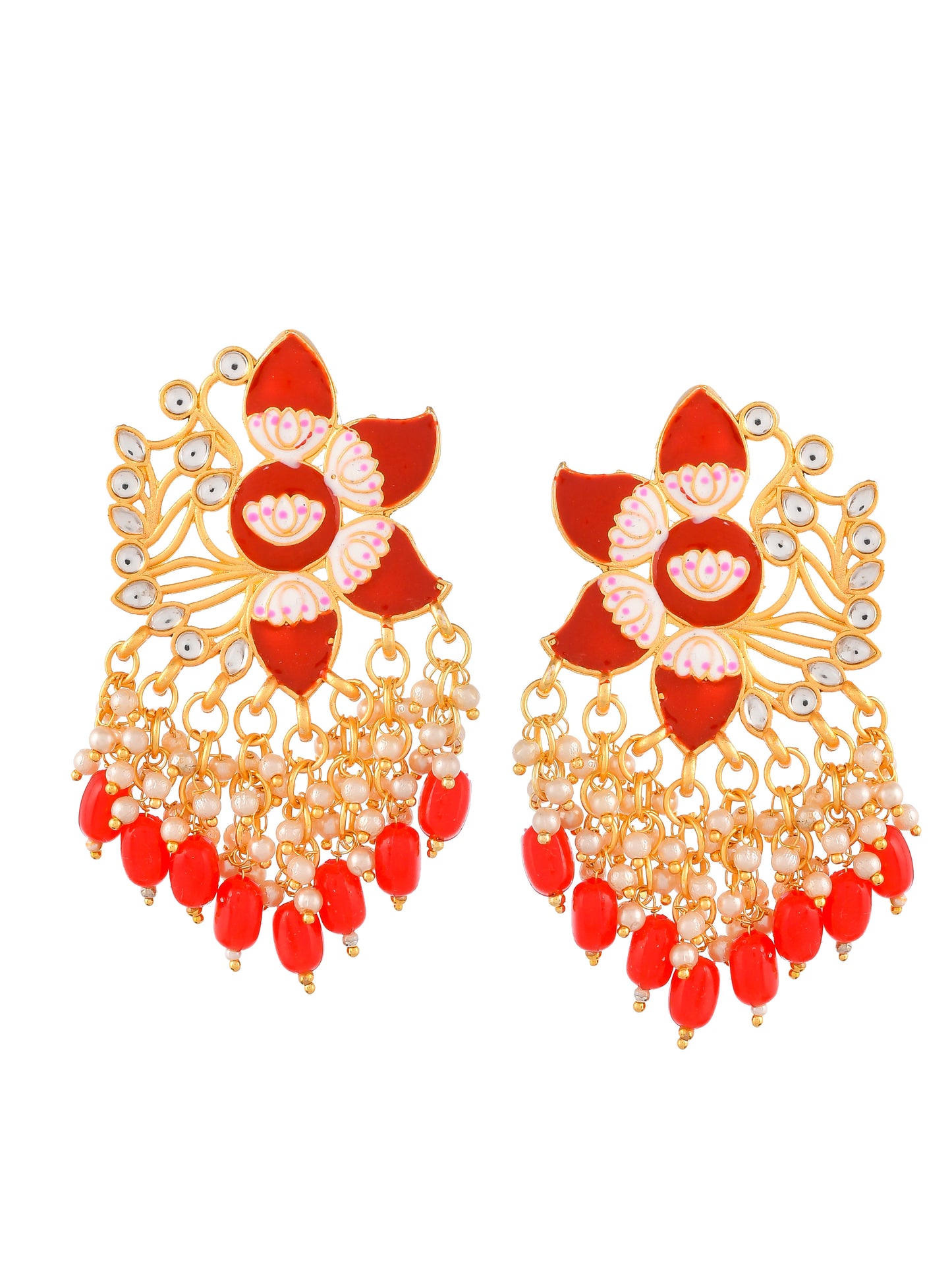 Gold Plated Red Toned Handcrafted Kundan Studded Floral Drop Earrings