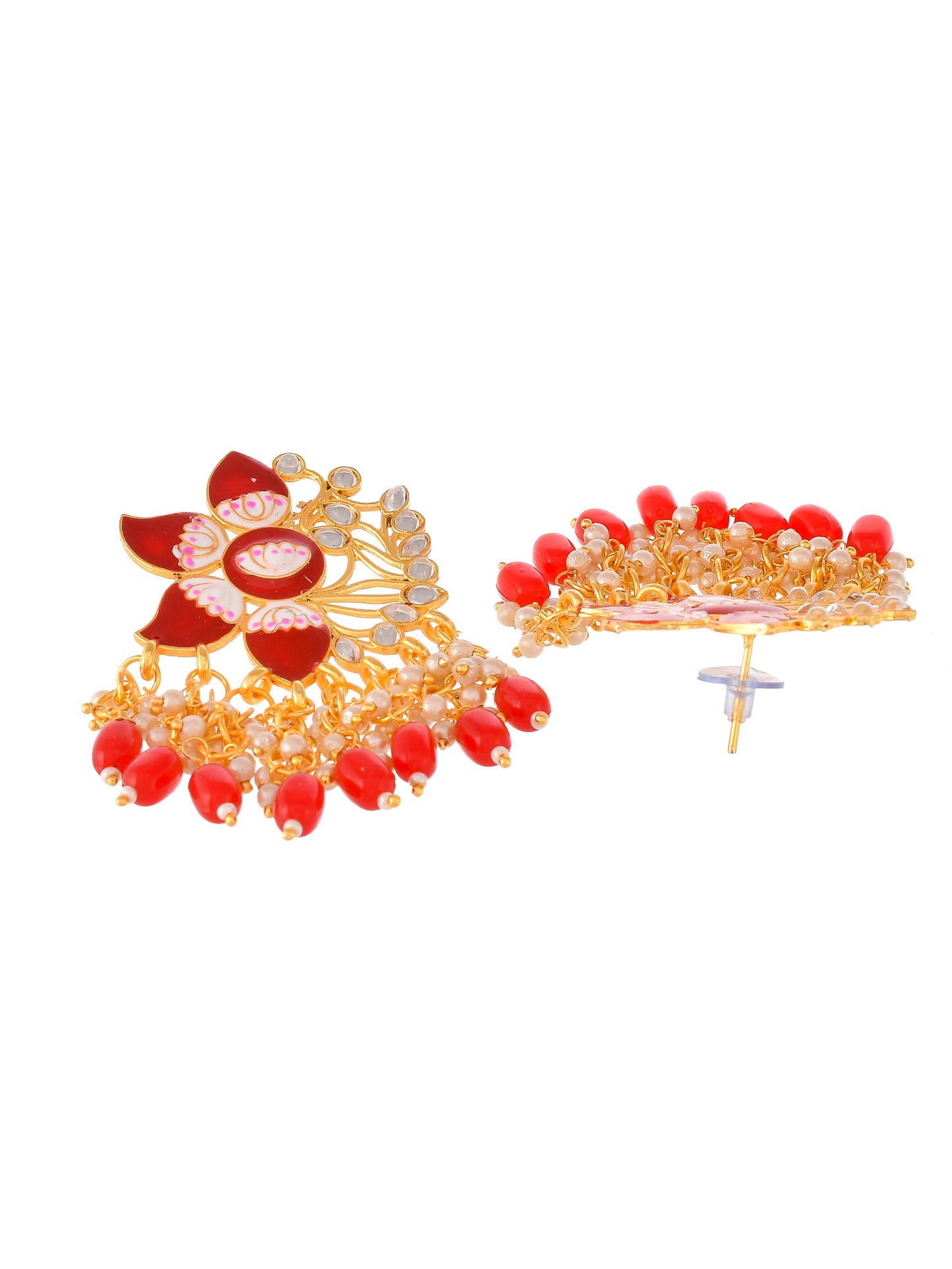 Gold Plated Red Toned Handcrafted Kundan Floral Drop Earrings