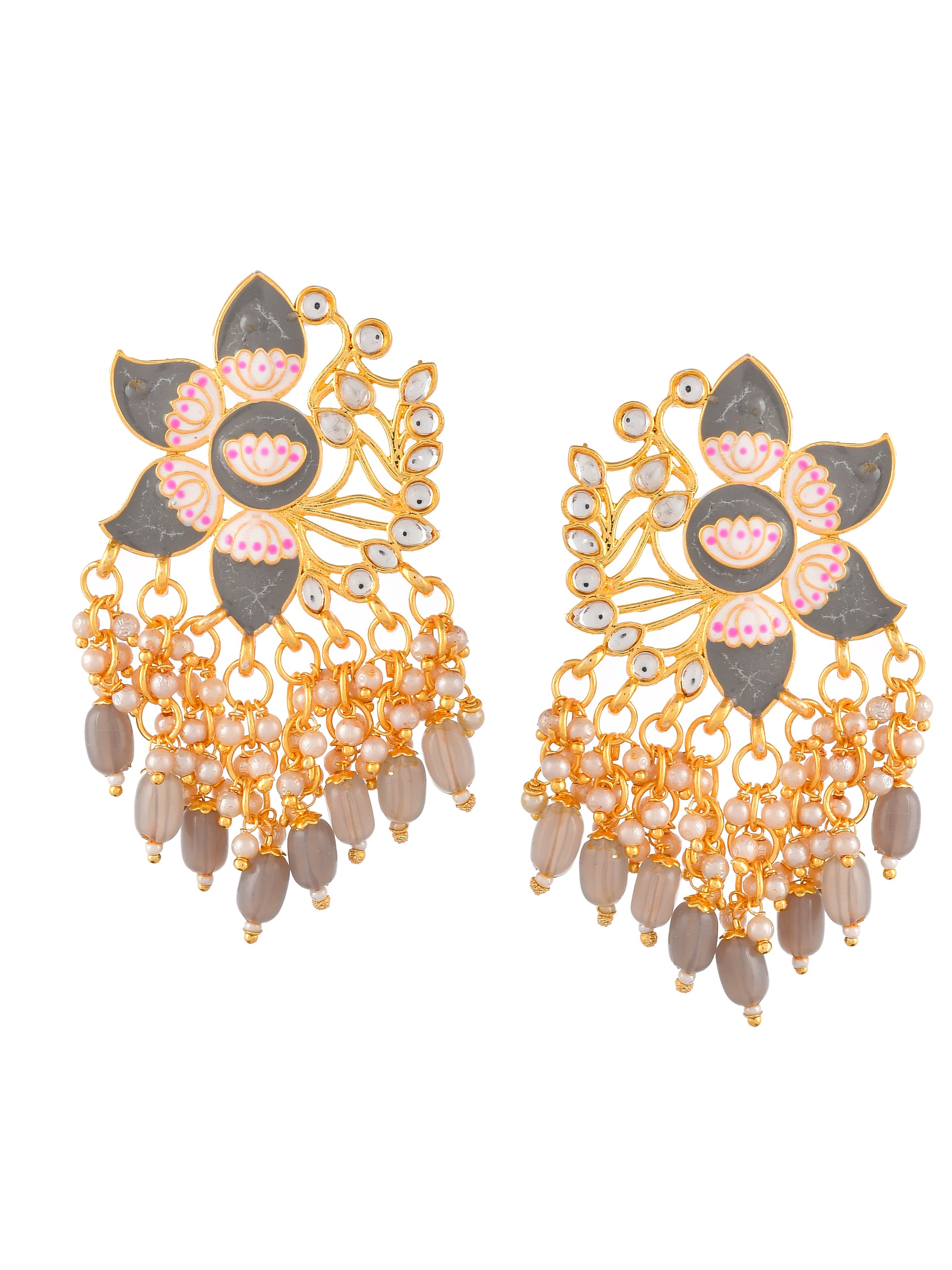 Gold Plated Grey Toned Handcrafted Kundan Studded Floral Drop Earrings