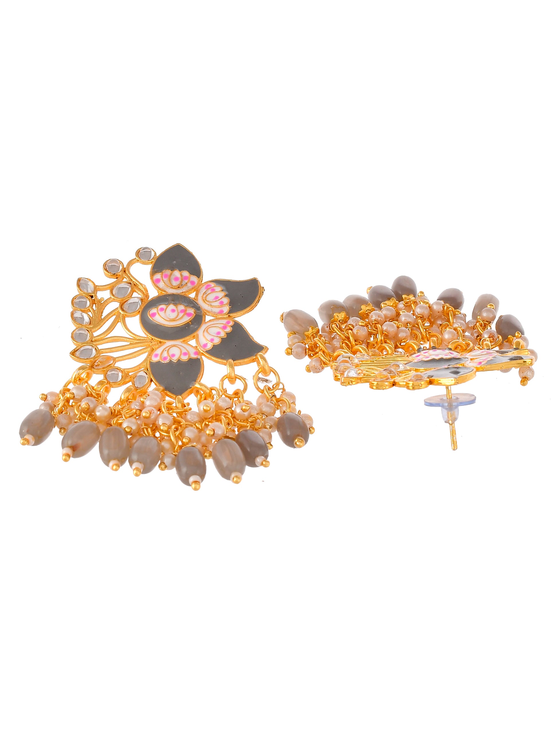 Gold Plated Grey Toned Handcrafted Kundan Studded Floral Drop Earrings