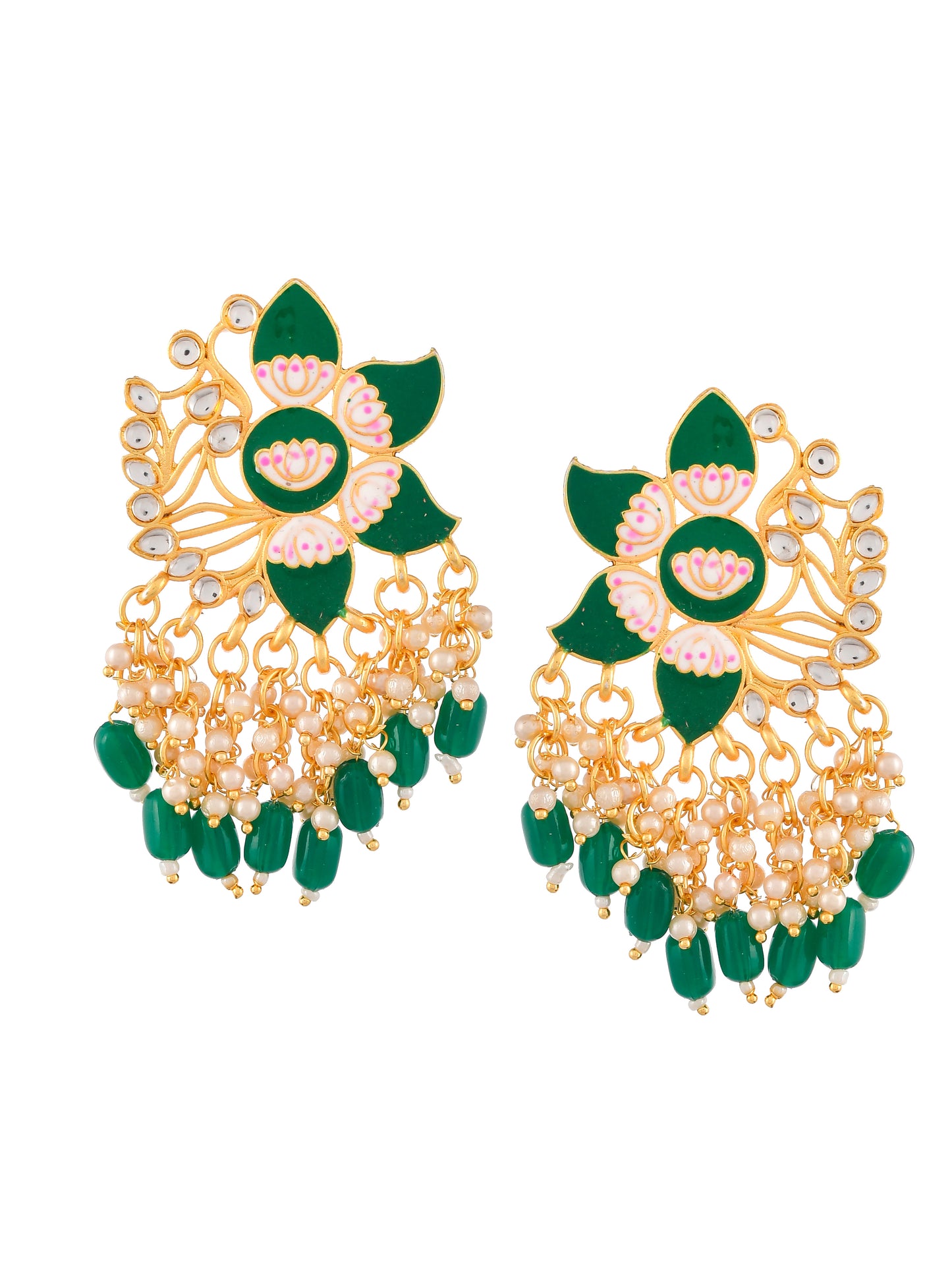 Gold Plated Green Toned Handcrafted Kundan Studded Floral Drop Earrings