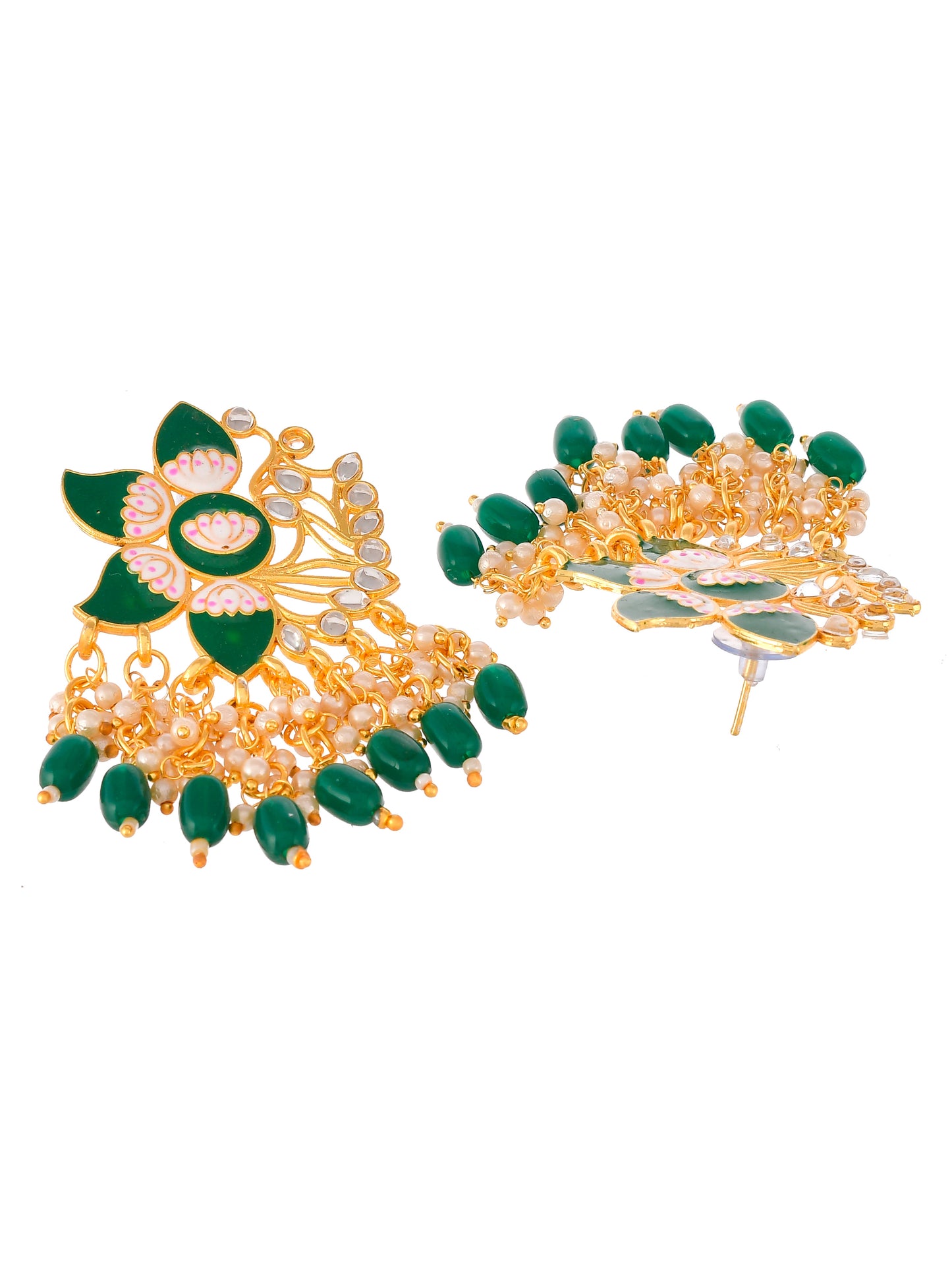 Gold Plated Green Toned Handcrafted Kundan Studded Floral Drop Earrings