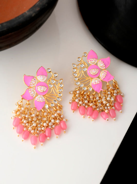 Gold Plated Pink Toned Handcrafted Kundan Studded Floral Drop Earrings for Women Online