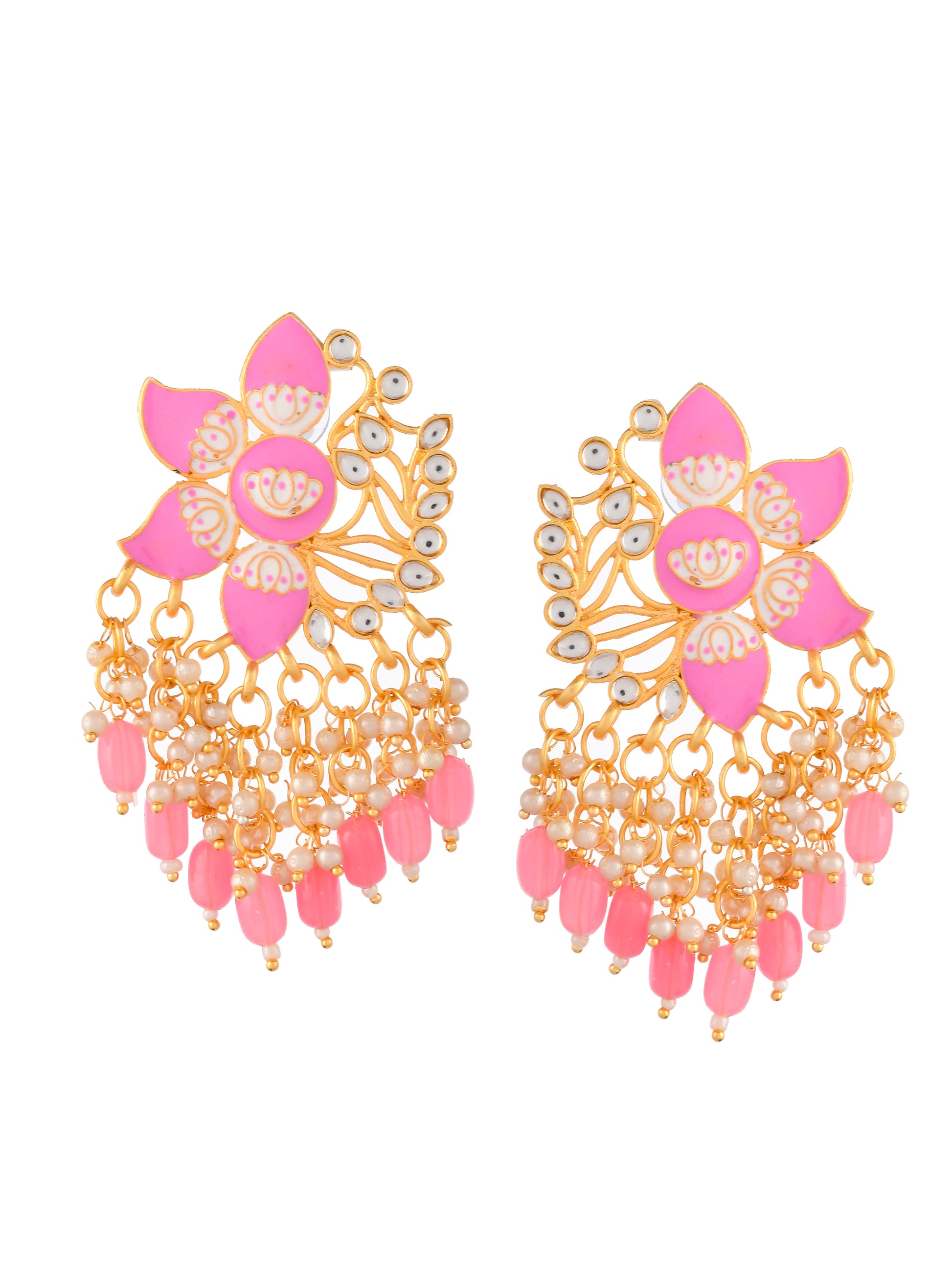 Gold Plated Pink Toned Handcrafted Kundan Studded Floral Drop Earrings