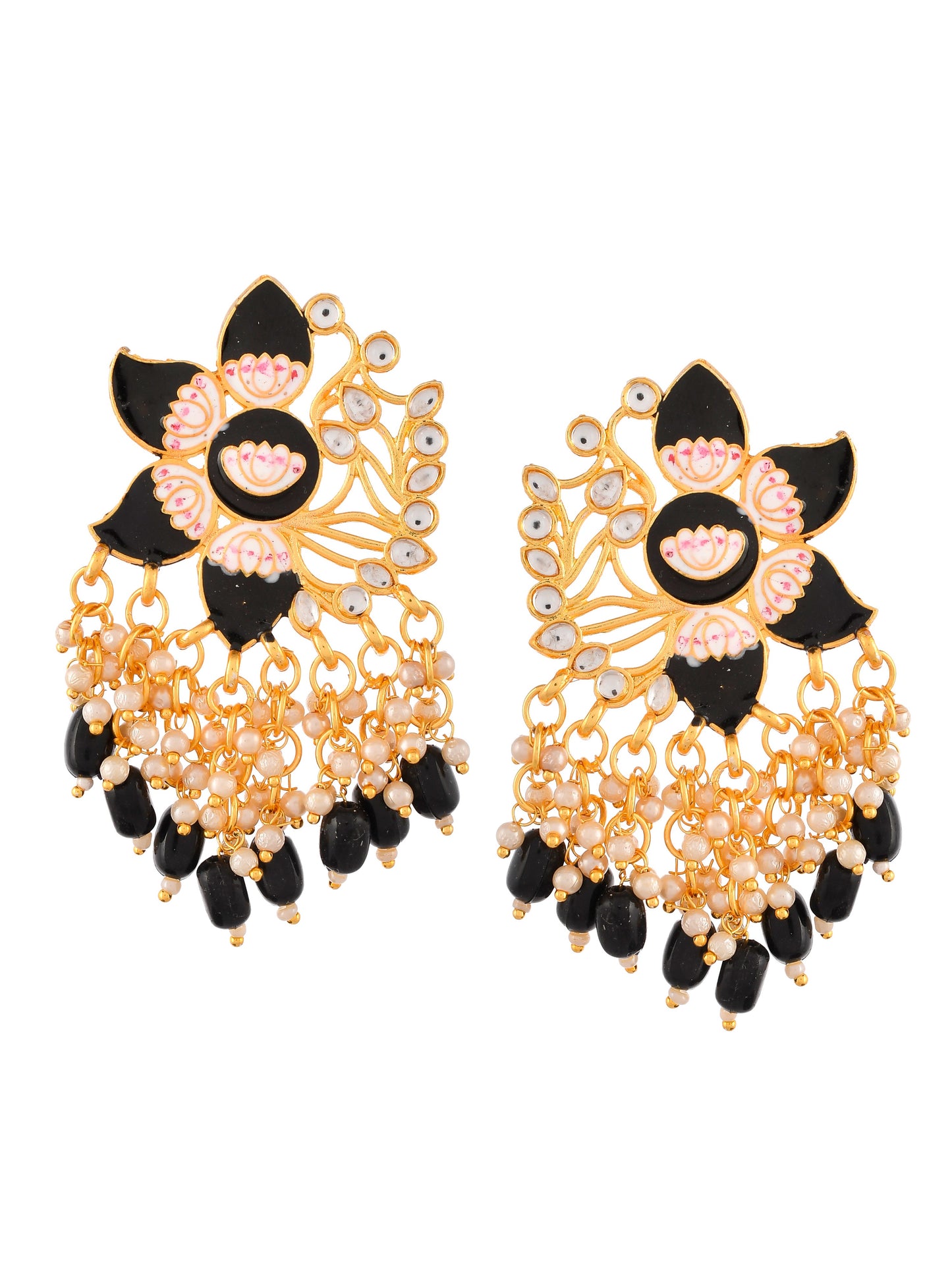 Gold Plated Black Toned Handcrafted Kundan Studded Floral Drop Earrings