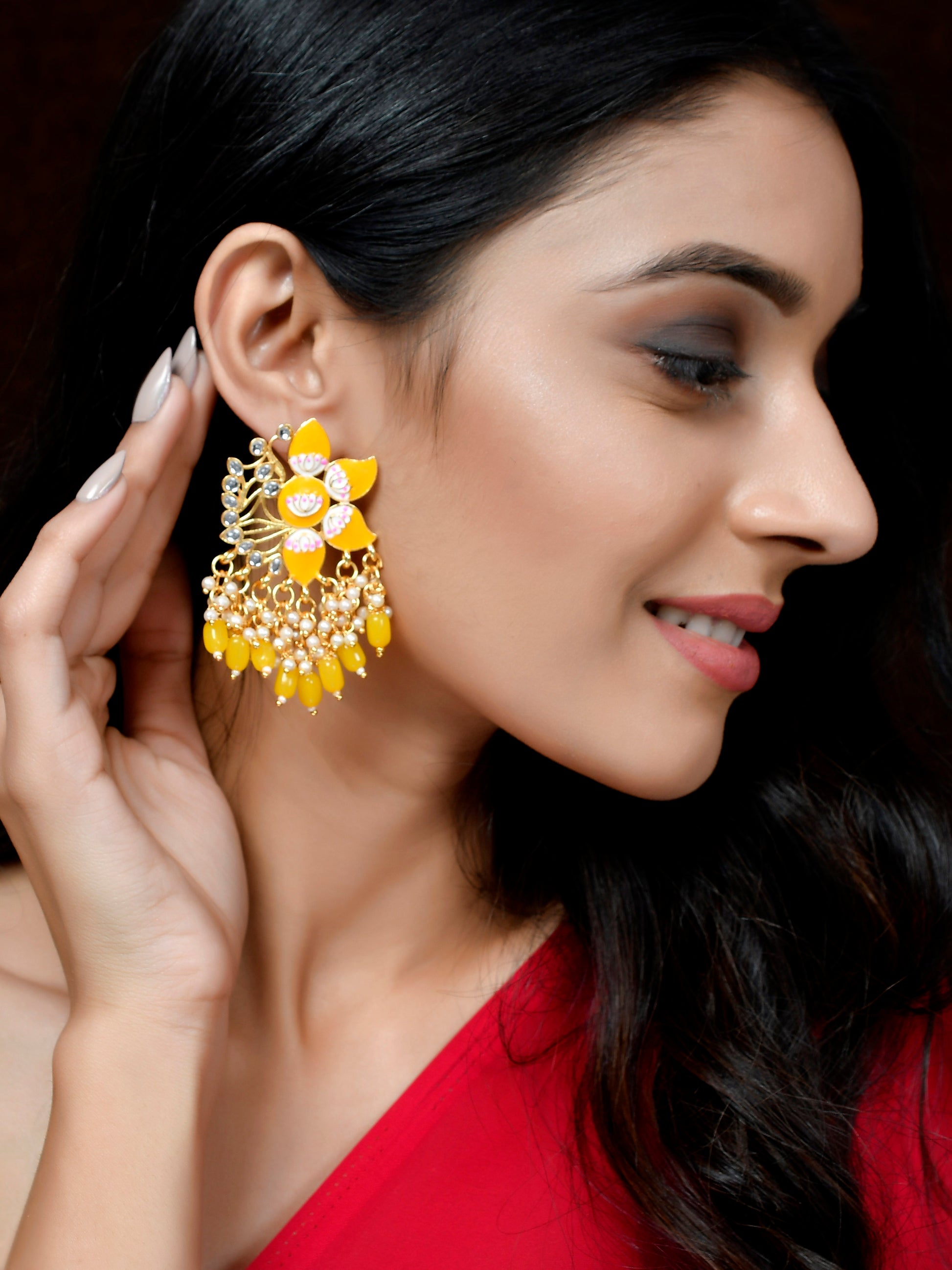 Gold Plated Yellow Toned Handcrafted Kundan Studded Floral Drop Earrings