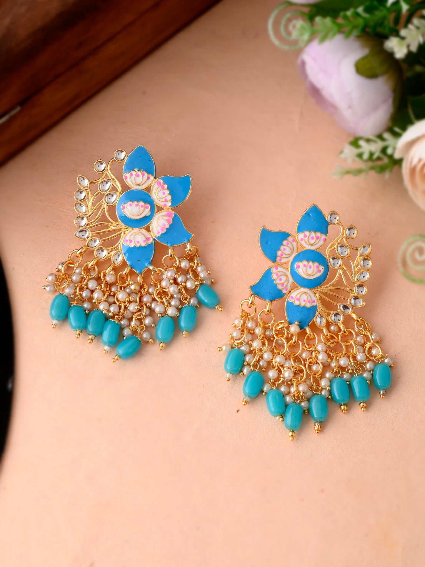 Gold Plated Blue Toned Handcrafted Kundan Studded Floral Drop Earrings