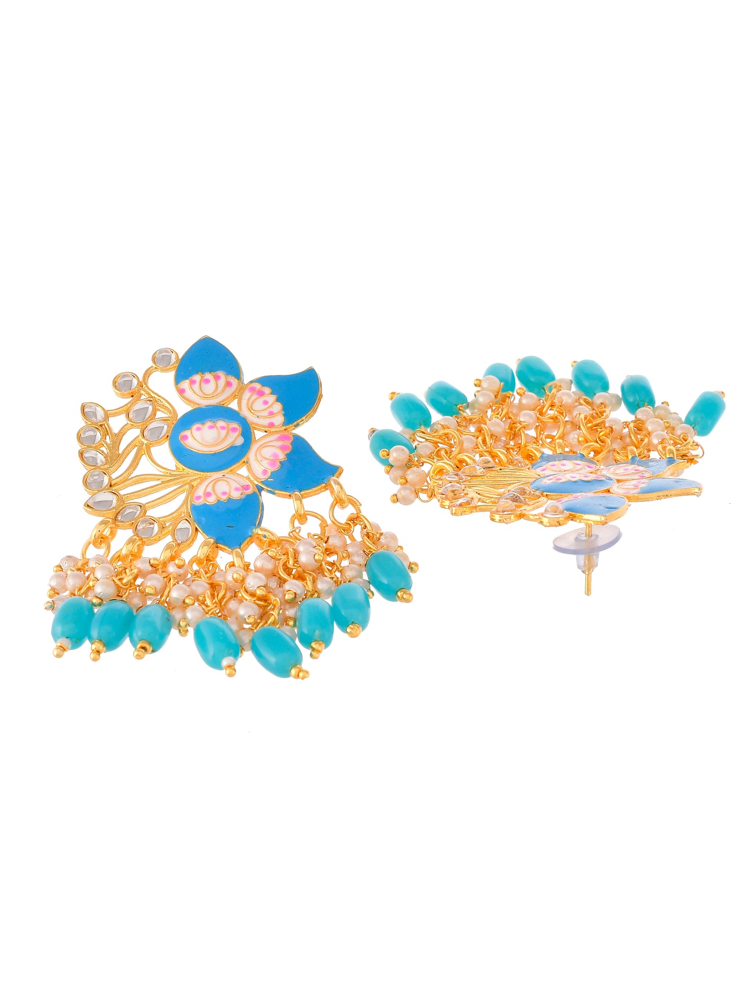 Gold Plated Blue Toned Handcrafted Kundan Studded Floral Drop Earrings